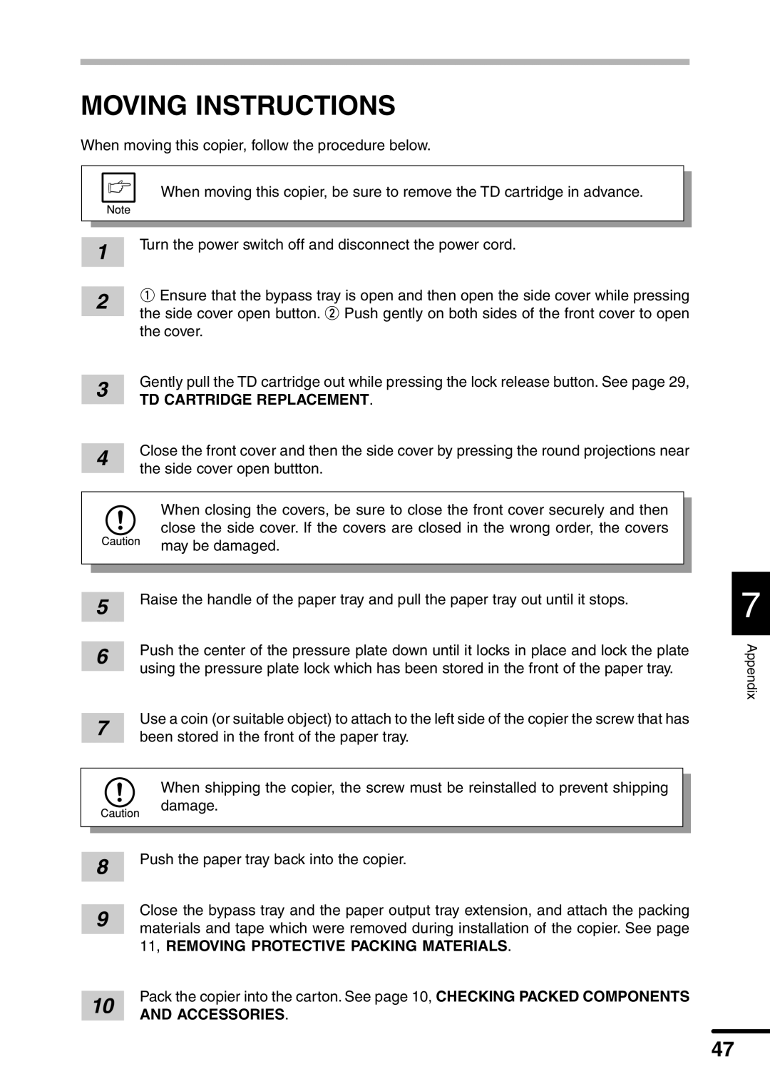 Sharp AL-1551 operation manual Moving Instructions, TD Cartridge Replacement 