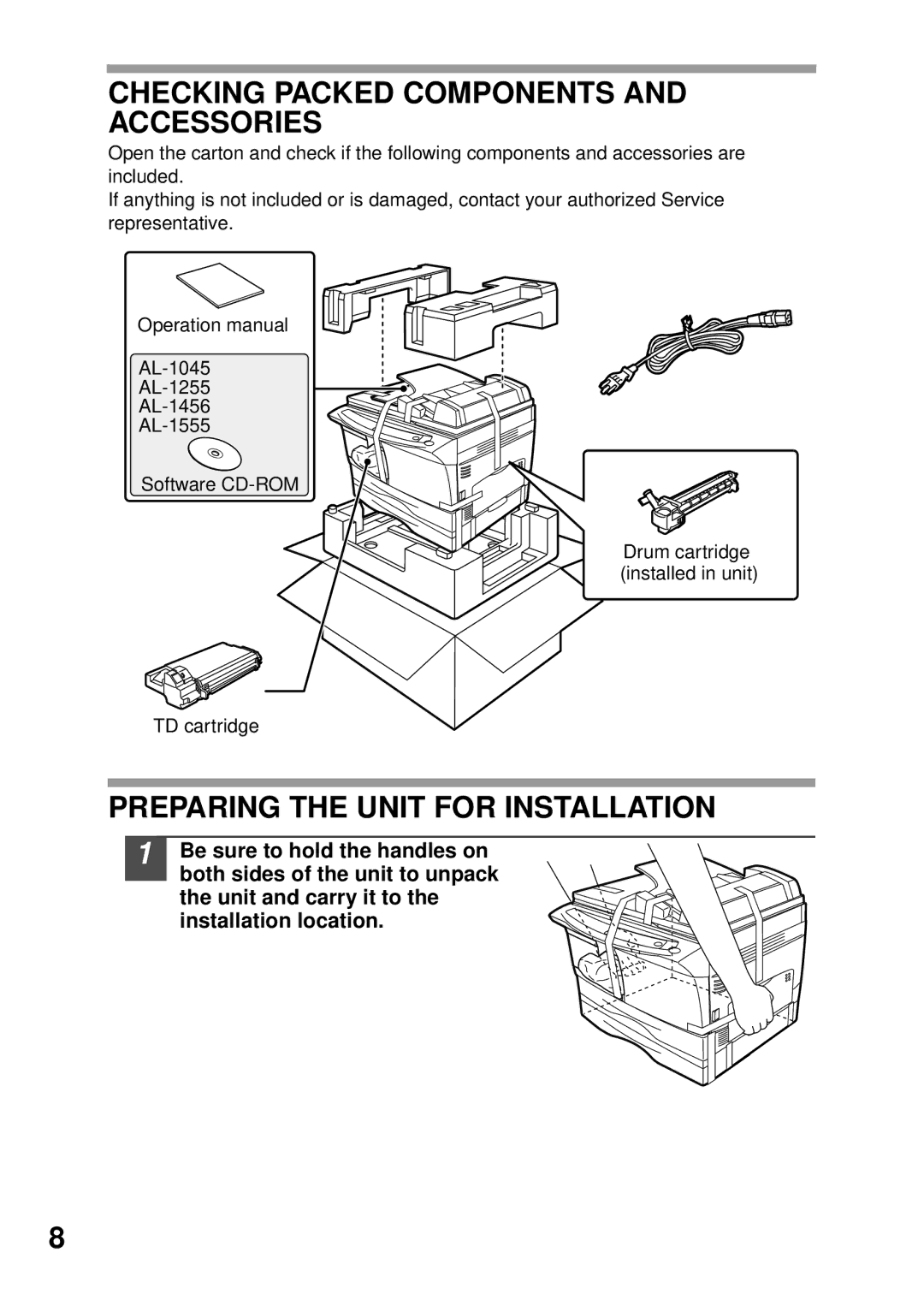 Sharp AL-1045, AL-1555, AL-1456, AL-1255 Checking Packed Components and Accessories, Preparing the Unit for Installation 