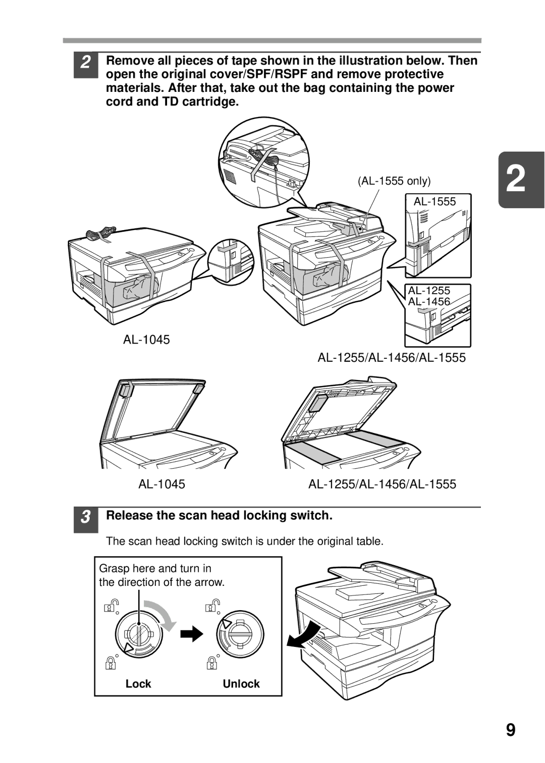 Sharp AL-1255, AL-1555, AL-1456, AL-1045 operation manual Release the scan head locking switch, LockUnlock 