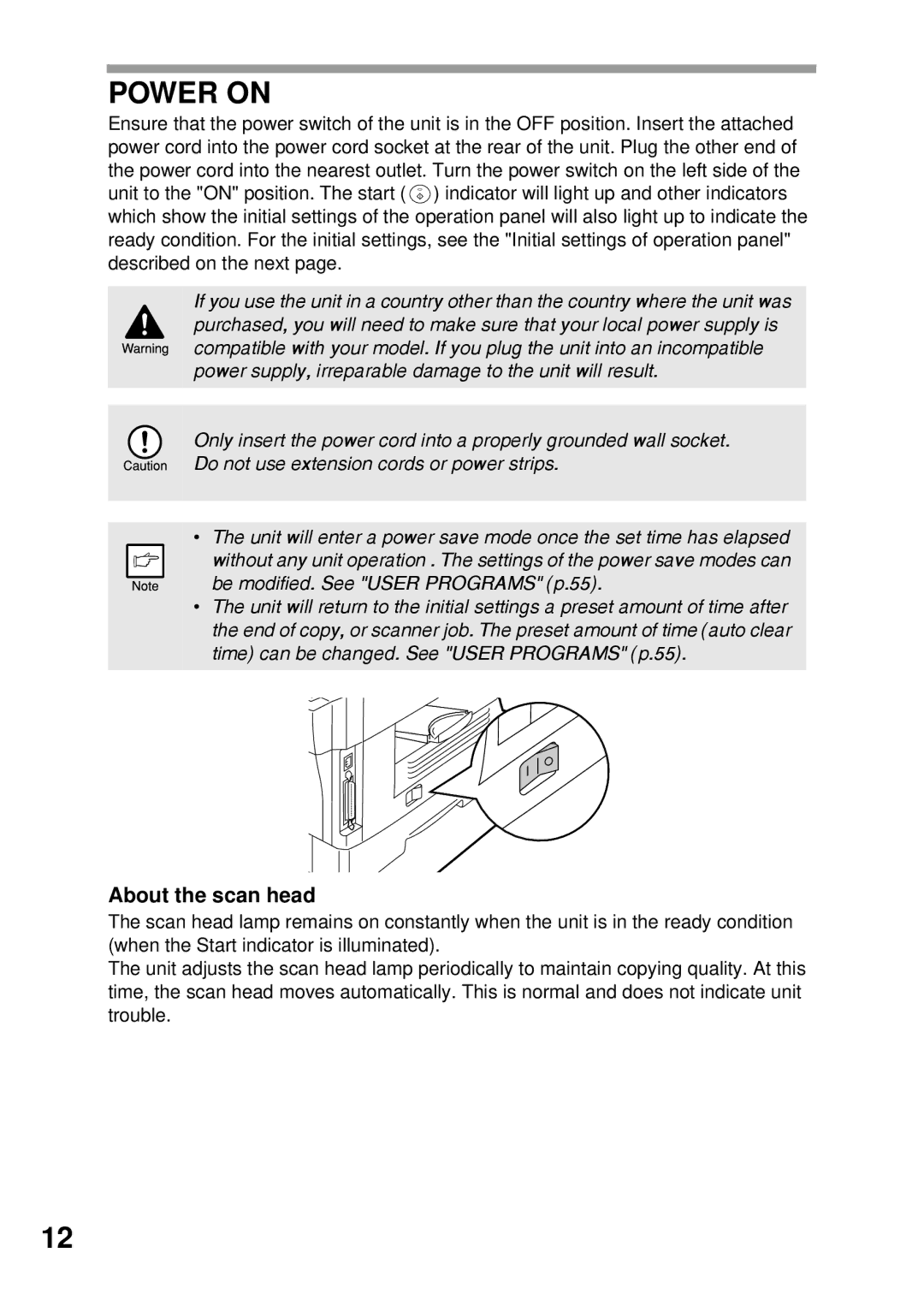 Sharp AL-1045, AL-1555, AL-1456, AL-1255 operation manual Power on, About the scan head 