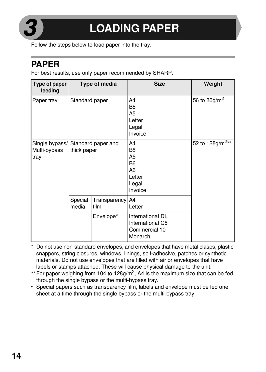 Sharp AL-1555, AL-1456, AL-1045, AL-1255 operation manual Paper, Type of paper Type of media Size Weight Feeding 