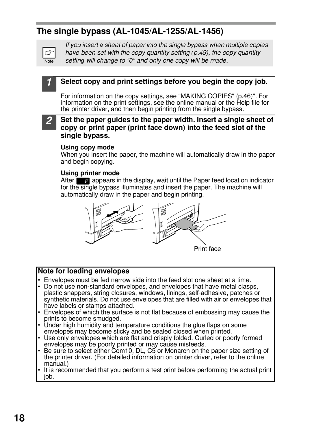 Sharp AL-1555 operation manual Single bypass AL-1045/AL-1255/AL-1456, Using copy mode, Using printer mode 