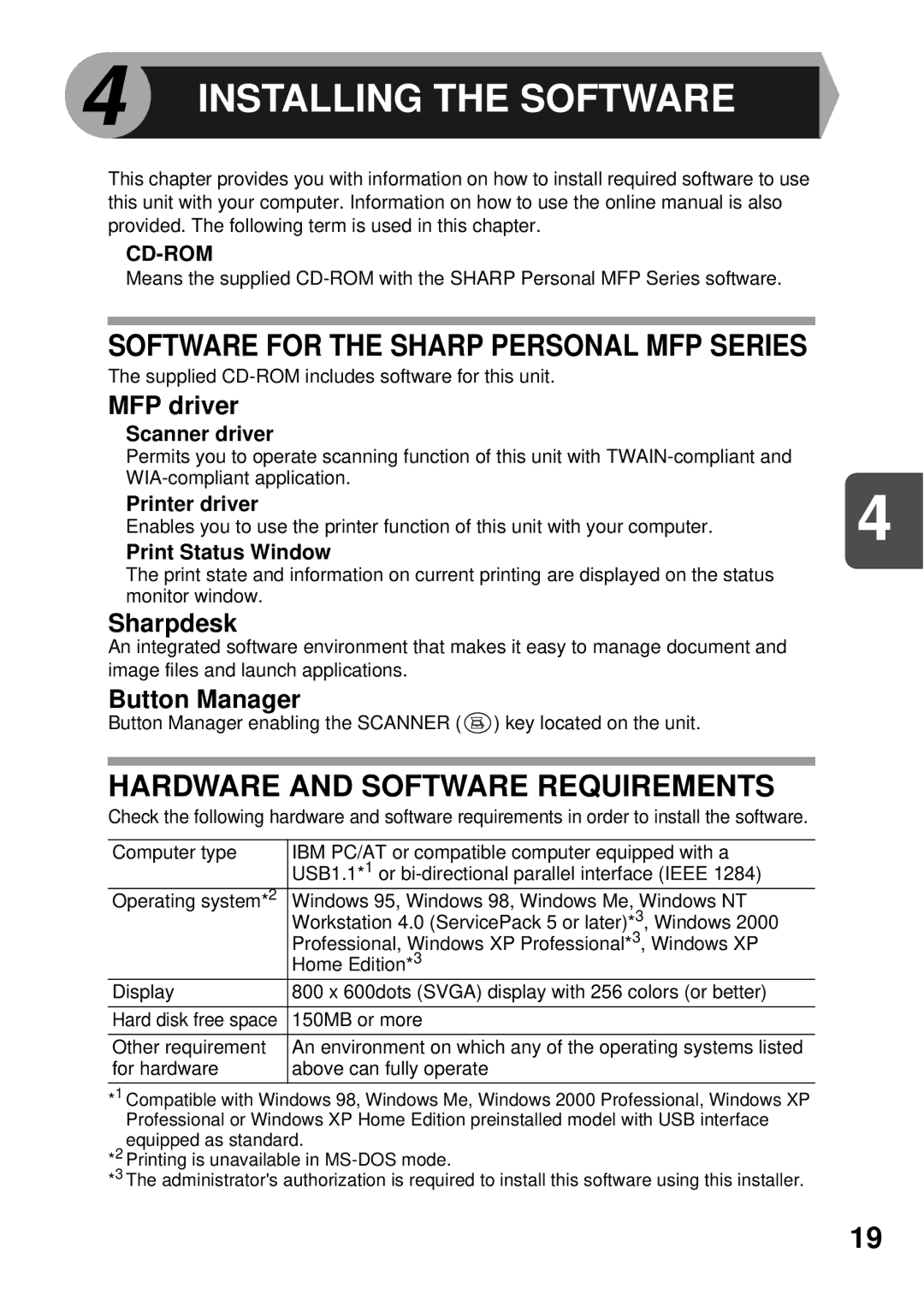 Sharp AL-1456 Software for the Sharp Personal MFP Series, Hardware and Software Requirements, MFP driver, Sharpdesk 