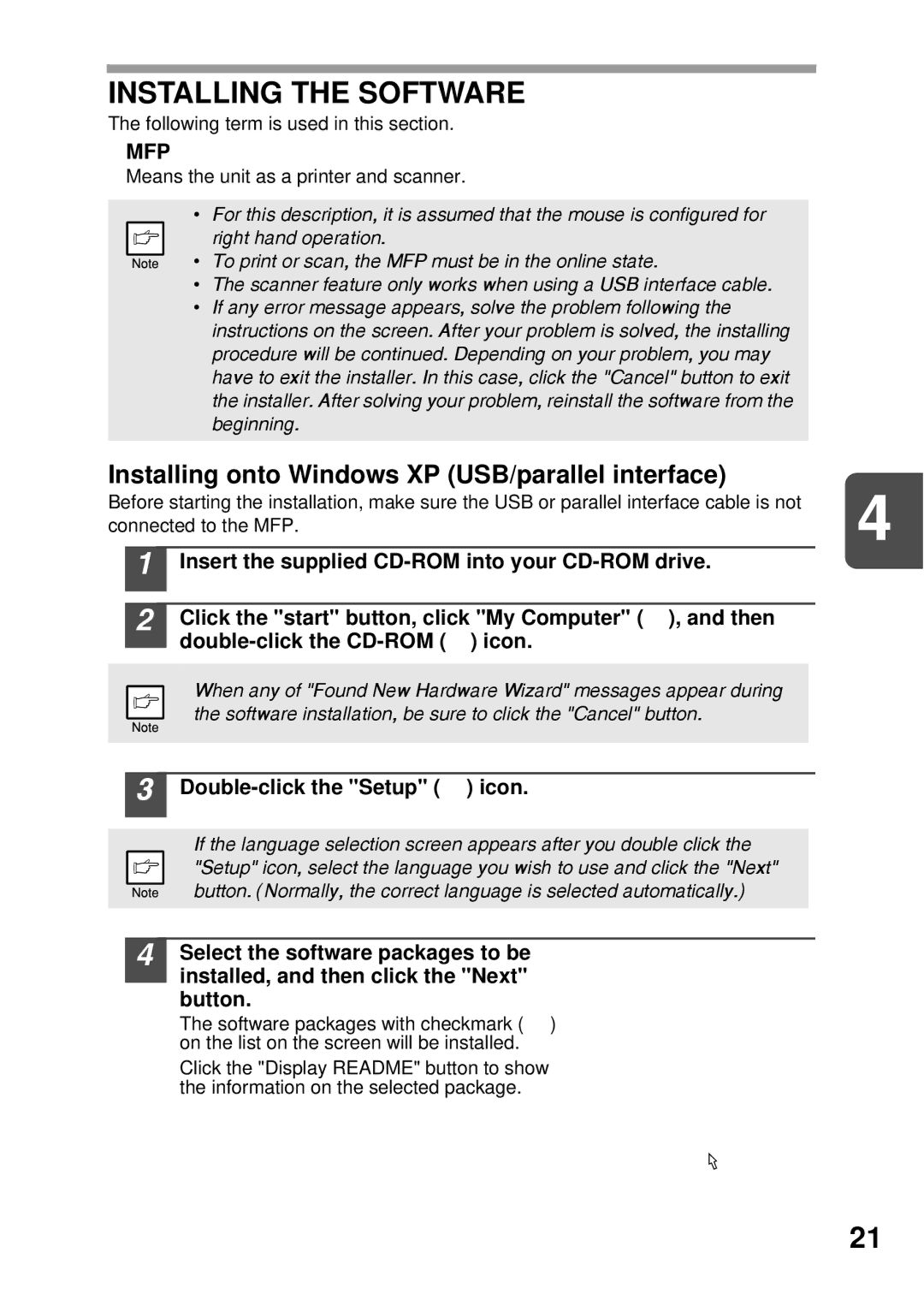 Sharp AL-1255 Installing the Software, Installing onto Windows XP USB/parallel interface, Double-click the Setup icon 