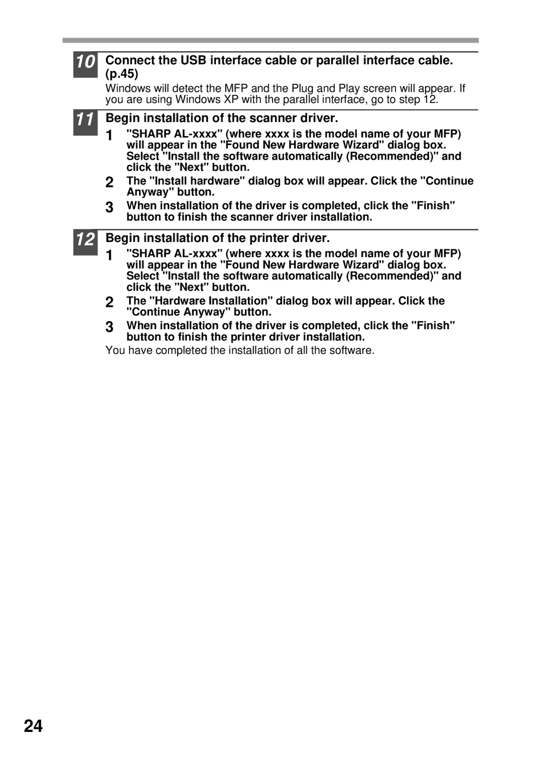 Sharp AL-1045, AL-1555, AL-1456, AL-1255 Begin installation of the scanner driver, Begin installation of the printer driver 