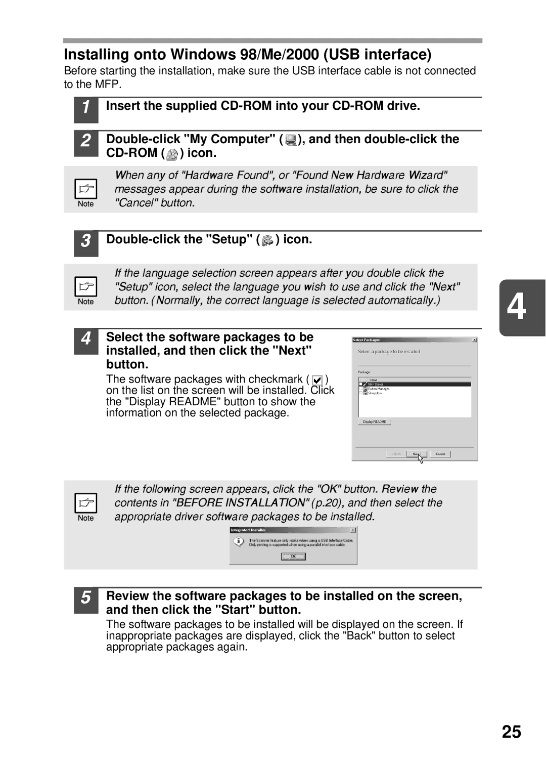 Sharp AL-1255, AL-1555, AL-1456, AL-1045 Installing onto Windows 98/Me/2000 USB interface, Double-click the Setup icon 