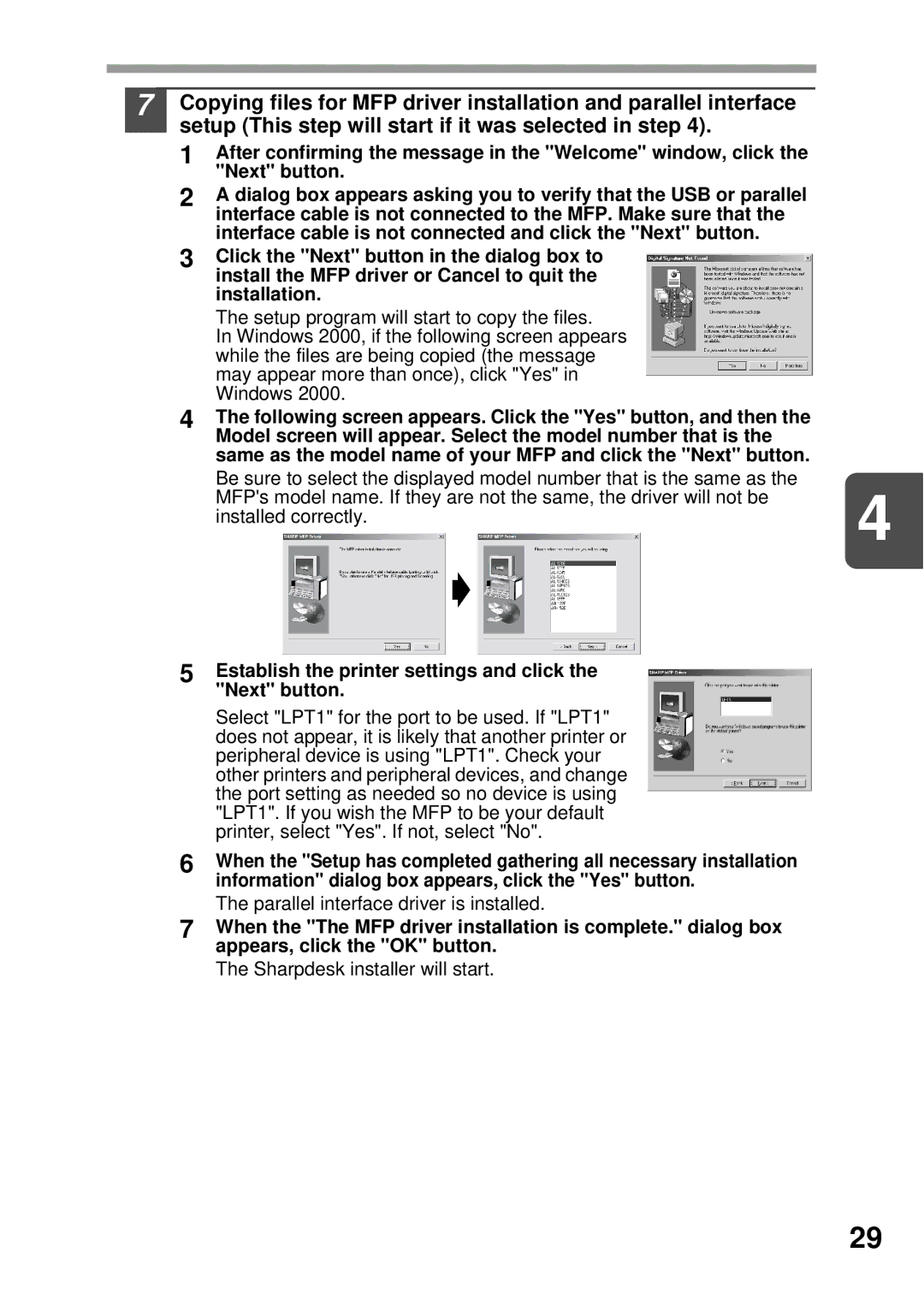 Sharp AL-1255, AL-1555, AL-1456, AL-1045 operation manual Establish the printer settings and click the Next button 