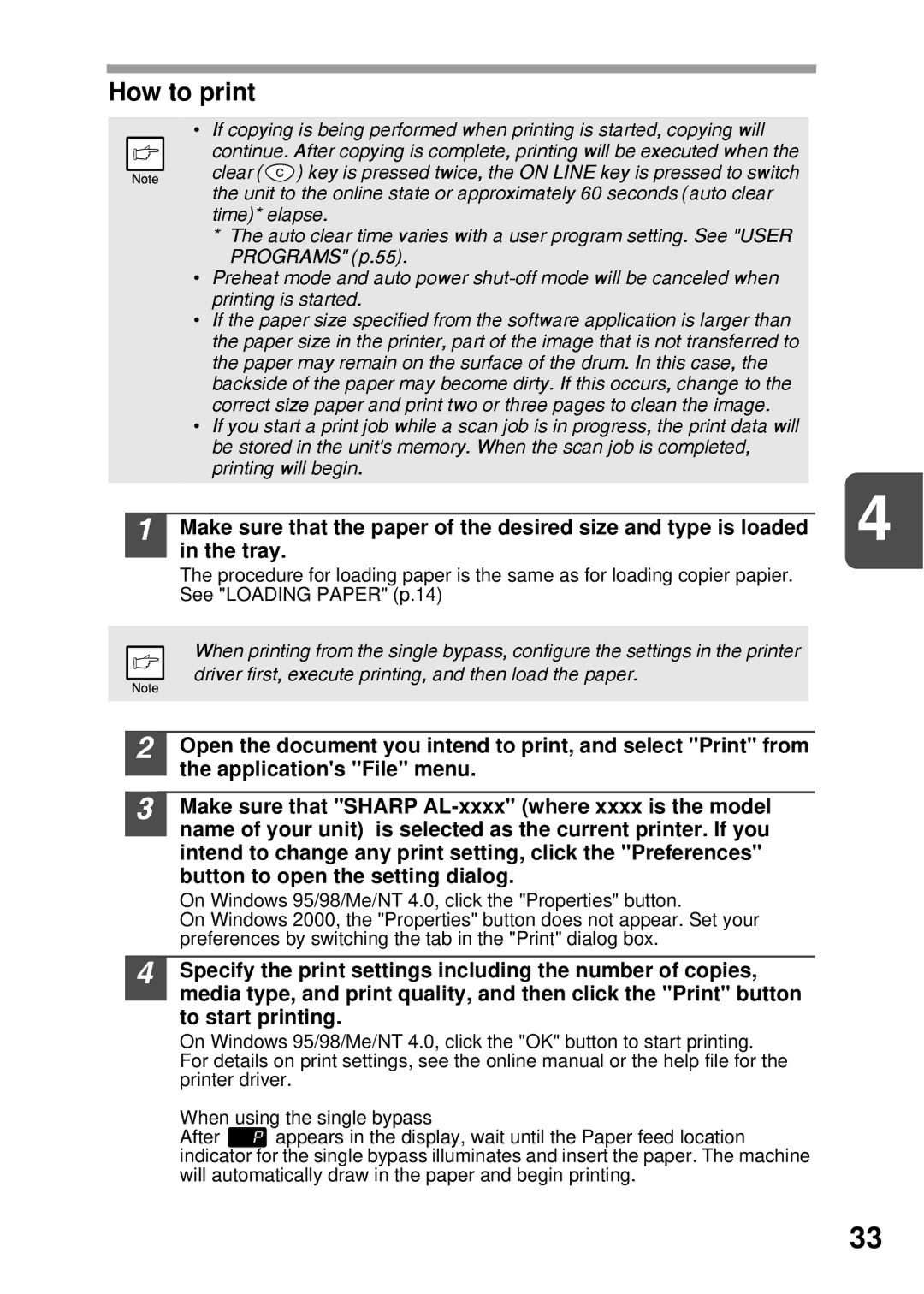 Sharp AL-1255, AL-1555, AL-1456, AL-1045 operation manual How to print, Tray 