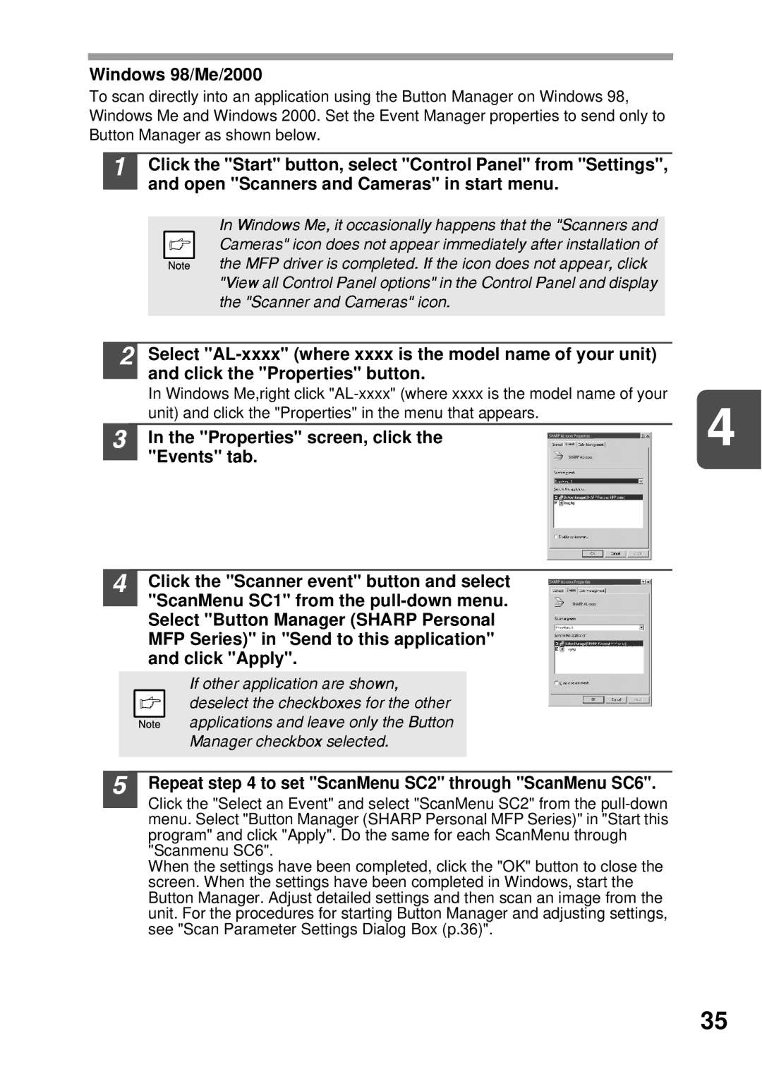 Sharp AL-1456, AL-1555, AL-1045, AL-1255 operation manual Windows 98/Me/2000, Properties screen, click, Events tab 