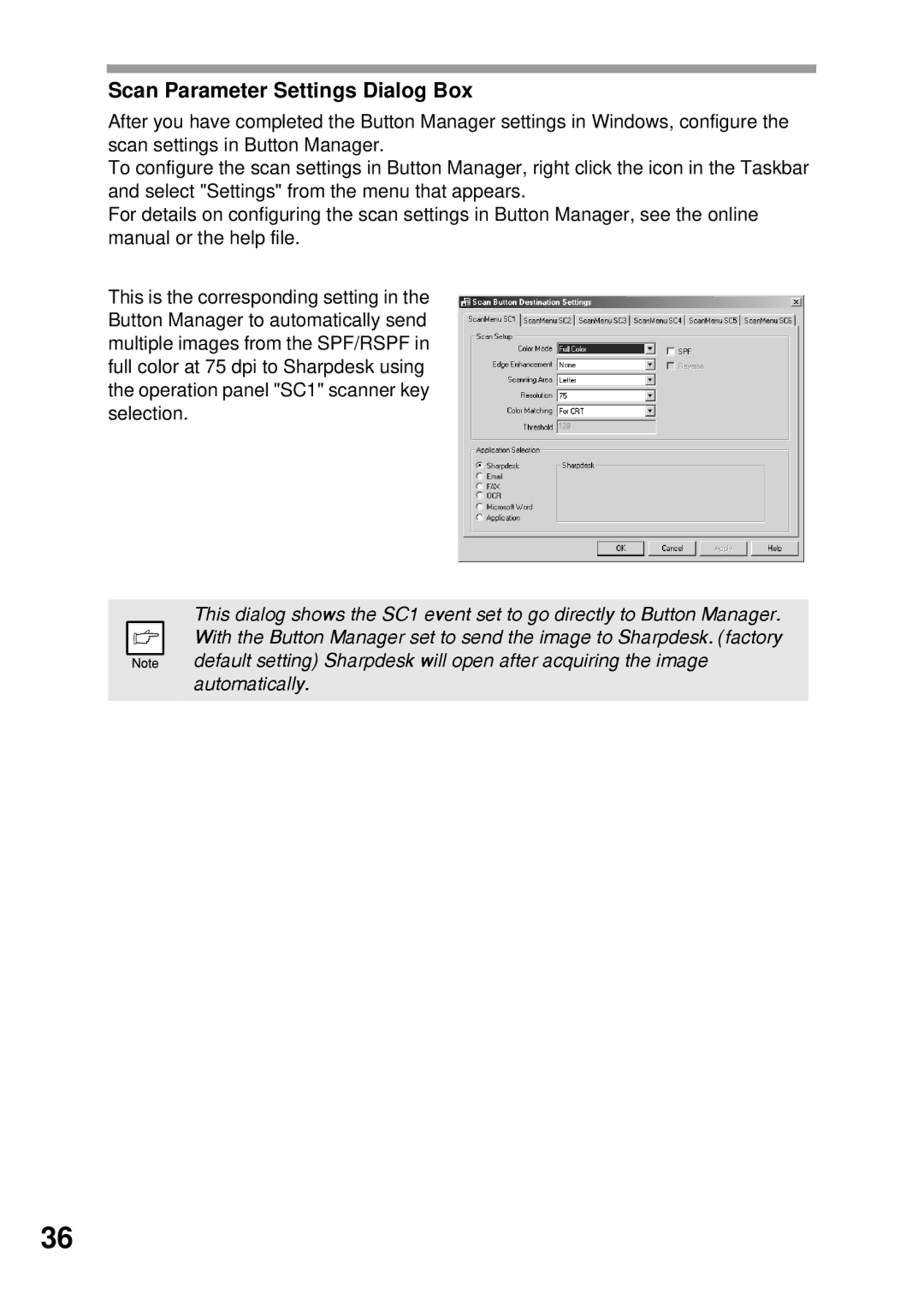 Sharp AL-1045, AL-1555, AL-1456, AL-1255 operation manual Scan Parameter Settings Dialog Box 