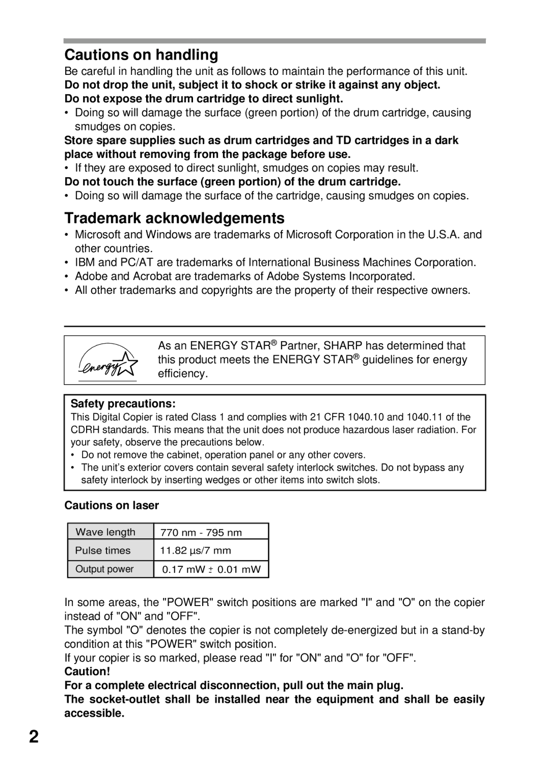 Sharp AL-1555, AL-1456, AL-1045, AL-1255 operation manual Trademark acknowledgements, Safety precautions 