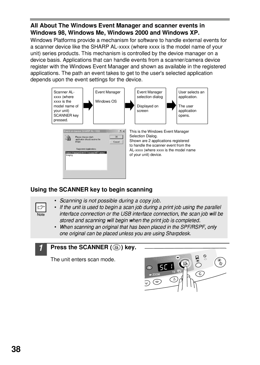 Sharp AL-1555, AL-1456, AL-1045, AL-1255 operation manual Using the Scanner key to begin scanning, Press the Scanner key 