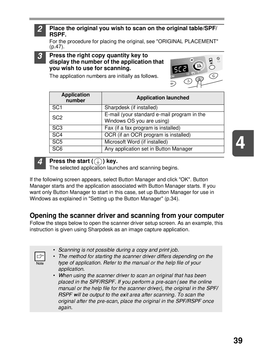 Sharp AL-1456, AL-1555, AL-1045, AL-1255 Opening the scanner driver and scanning from your computer, Press the start key 