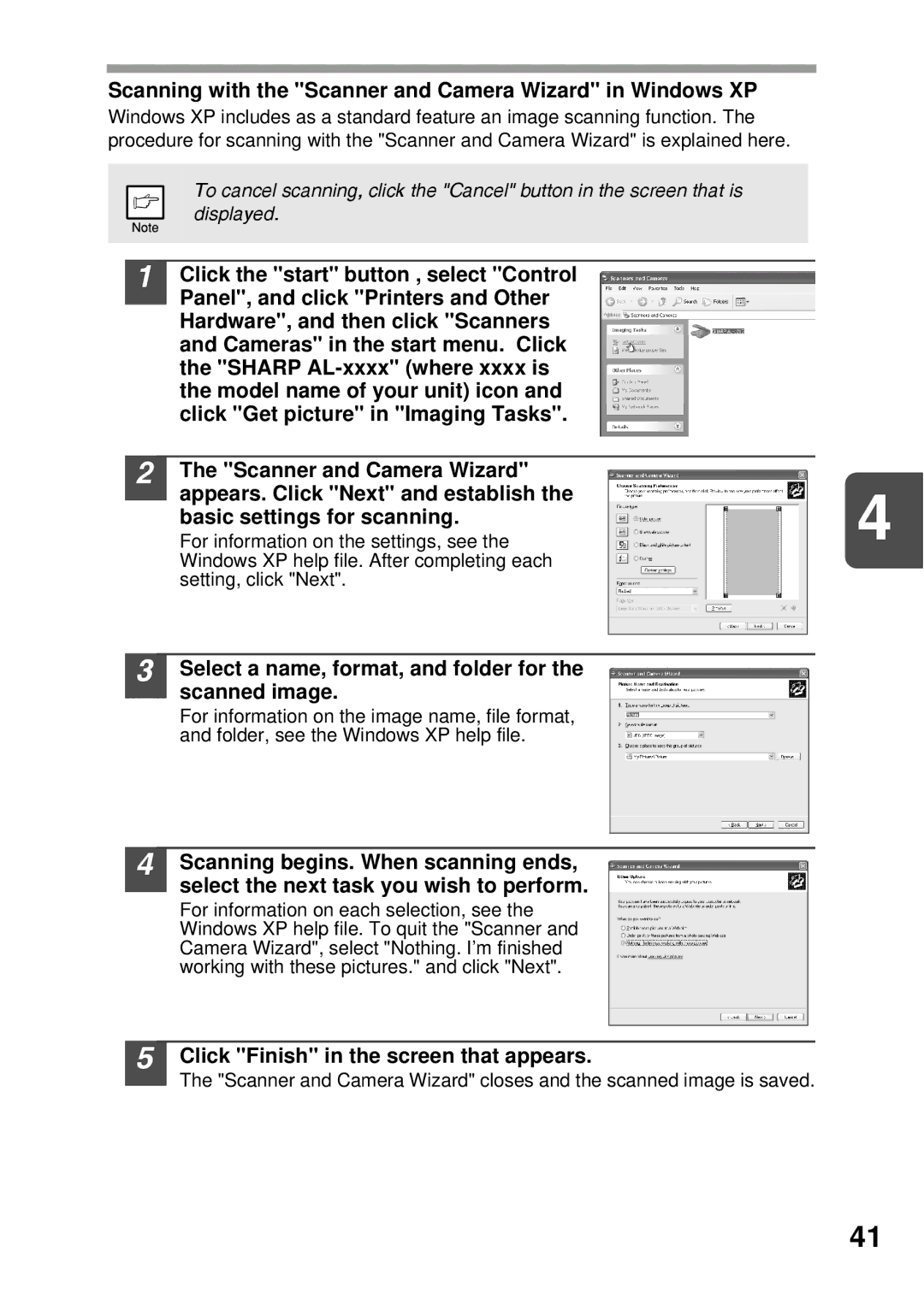 Sharp AL-1255, AL-1555 Scanning with the Scanner and Camera Wizard in Windows XP, Click Finish in the screen that appears 