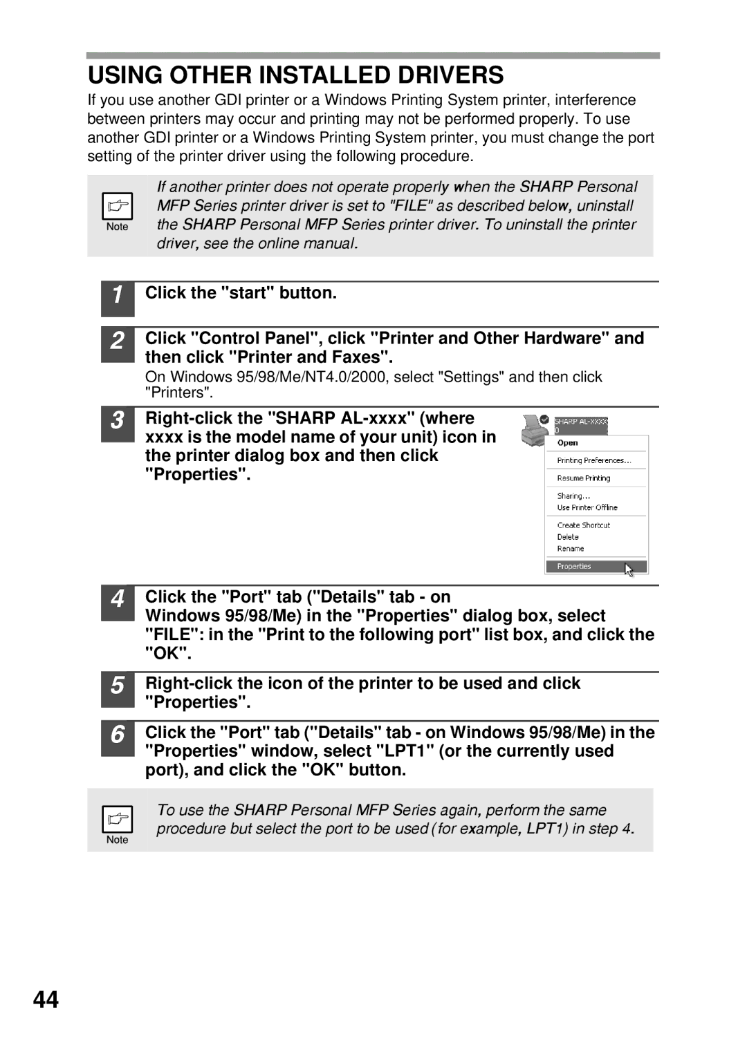 Sharp AL-1045, AL-1555, AL-1456, AL-1255 operation manual Using Other Installed Drivers 