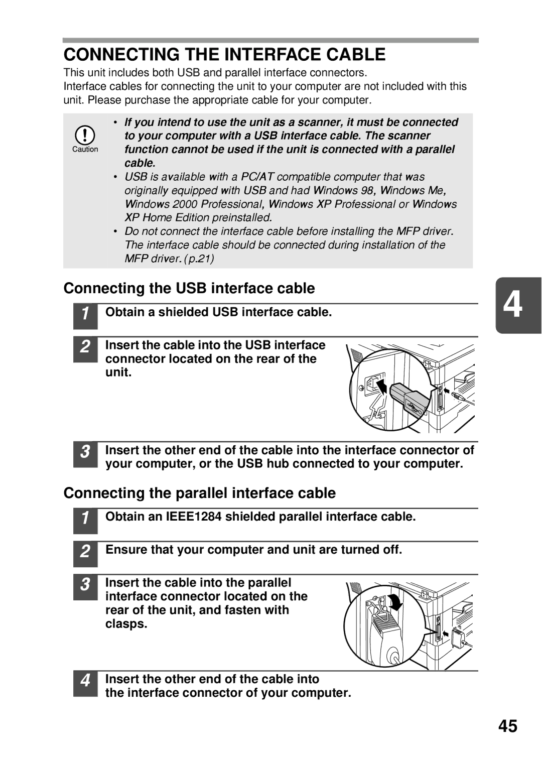 Sharp AL-1255 Connecting the Interface Cable, Connecting the USB interface cable, Connecting the parallel interface cable 