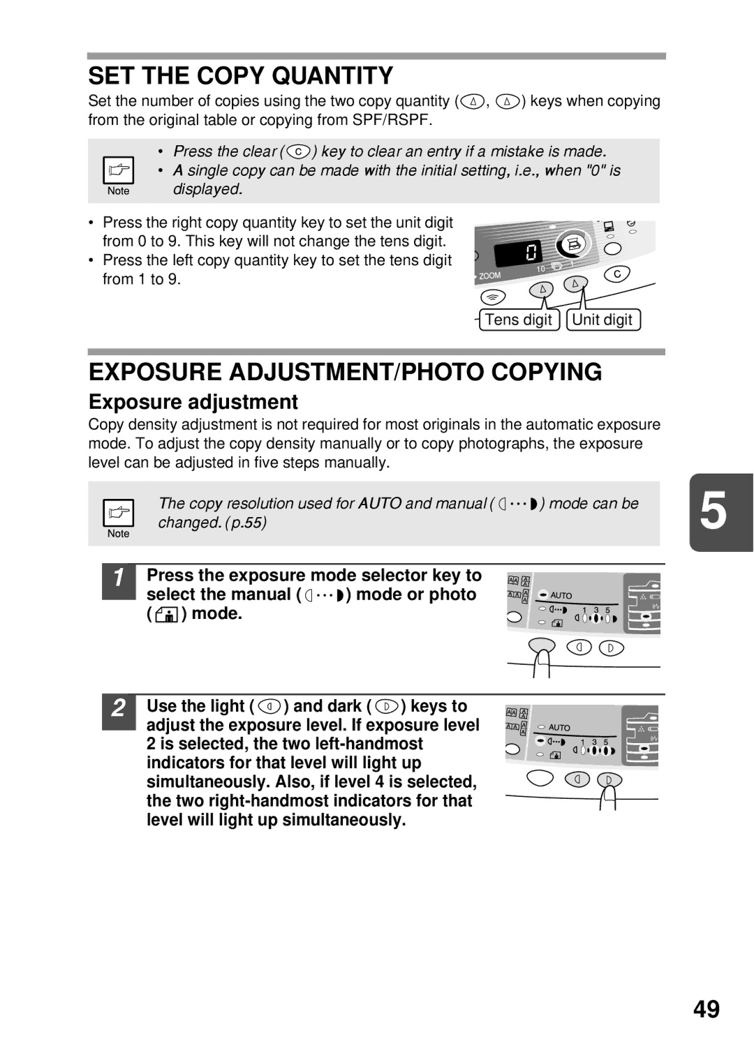 Sharp AL-1255, AL-1555, AL-1456, AL-1045 SET the Copy Quantity, Exposure ADJUSTMENT/PHOTO Copying, Exposure adjustment 