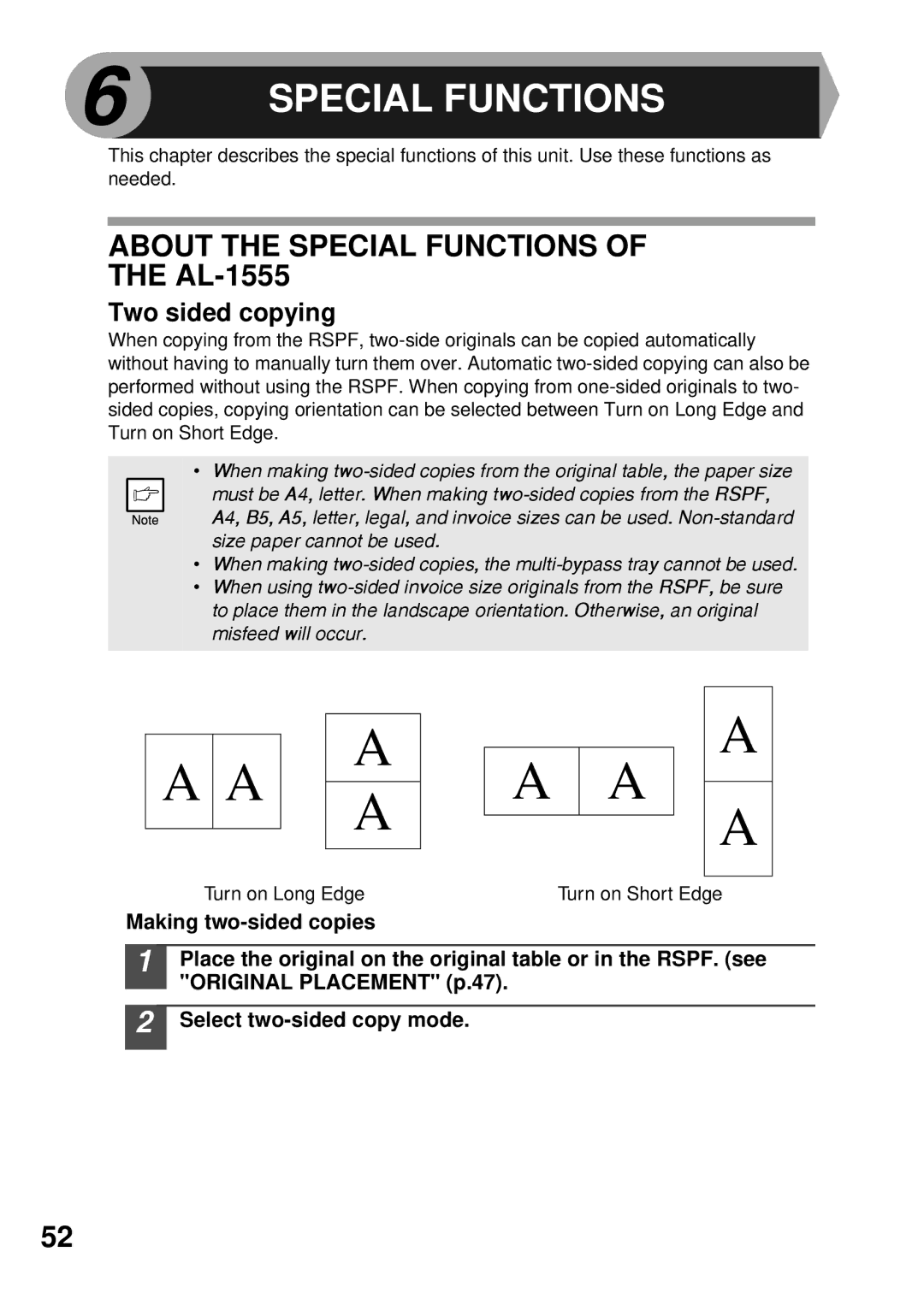 Sharp AL-1045, AL-1456, AL-1255 operation manual About the Special Functions of the AL-1555, Two sided copying 