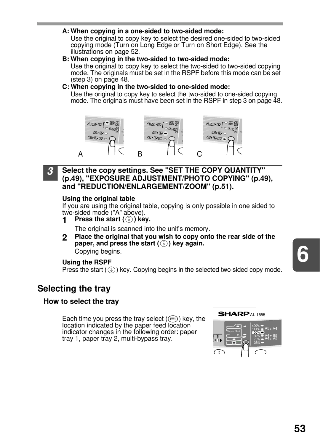 Sharp AL-1255, AL-1555, AL-1456, AL-1045 operation manual Selecting the tray, How to select the tray 