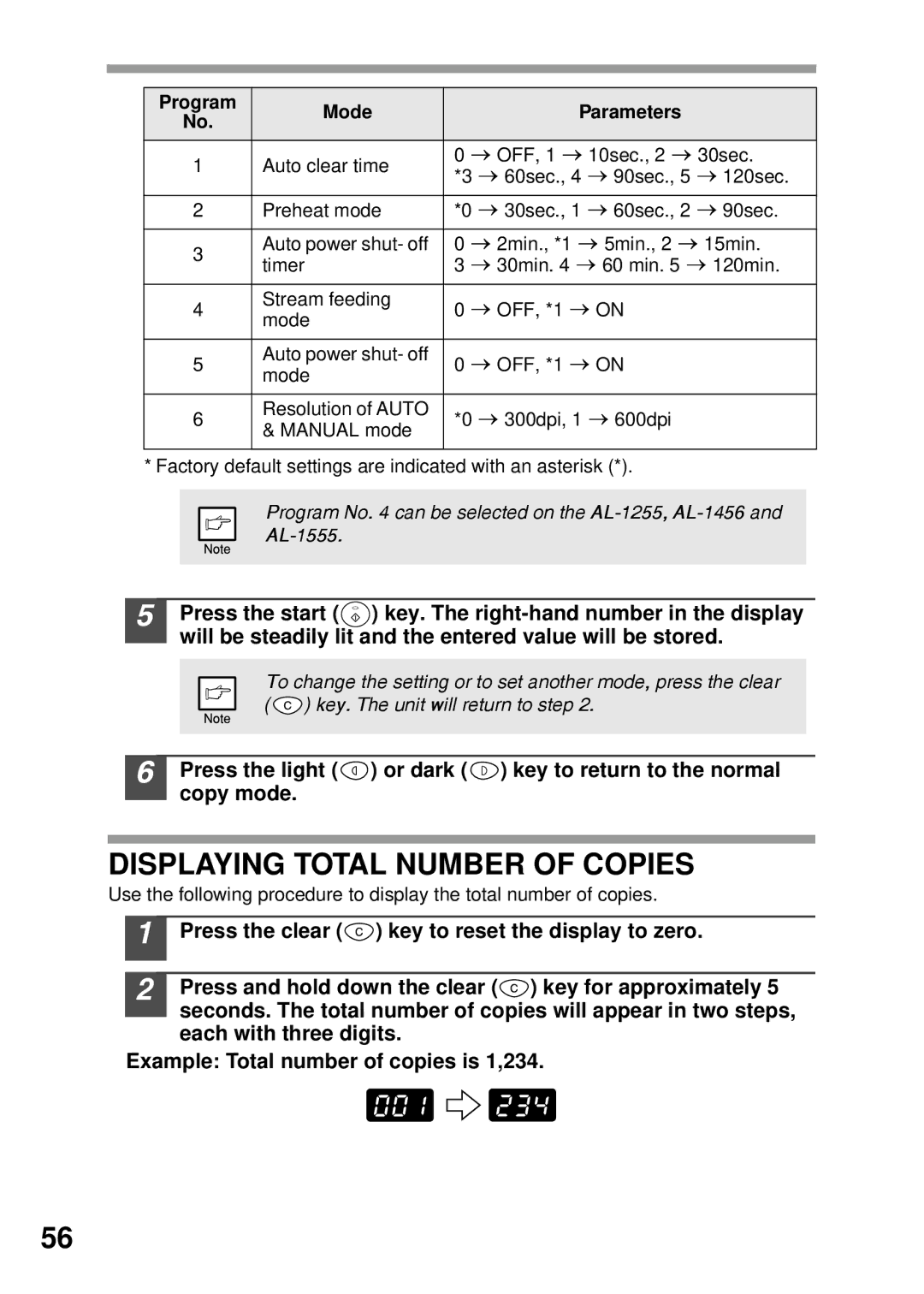 Sharp AL-1045, AL-1555, AL-1456, AL-1255 operation manual Displaying Total Number of Copies, Program Mode Parameters 