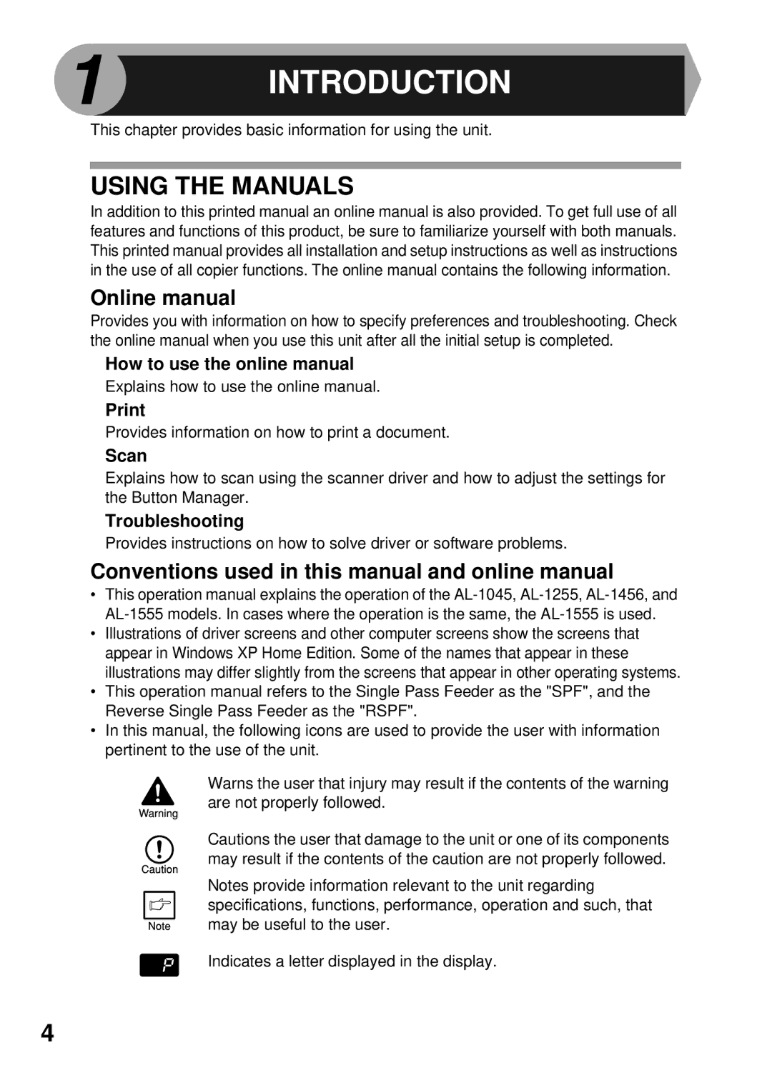 Sharp AL-1045, AL-1555, AL-1456, AL-1255 Using the Manuals, Online manual, Conventions used in this manual and online manual 