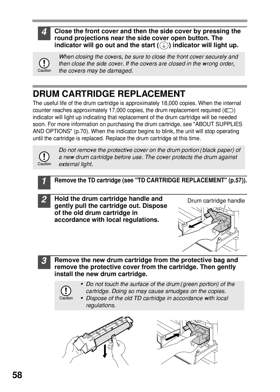 Sharp AL-1555, AL-1456, AL-1045, AL-1255 operation manual Drum Cartridge Replacement, Gently pull the cartridge out. Dispose 