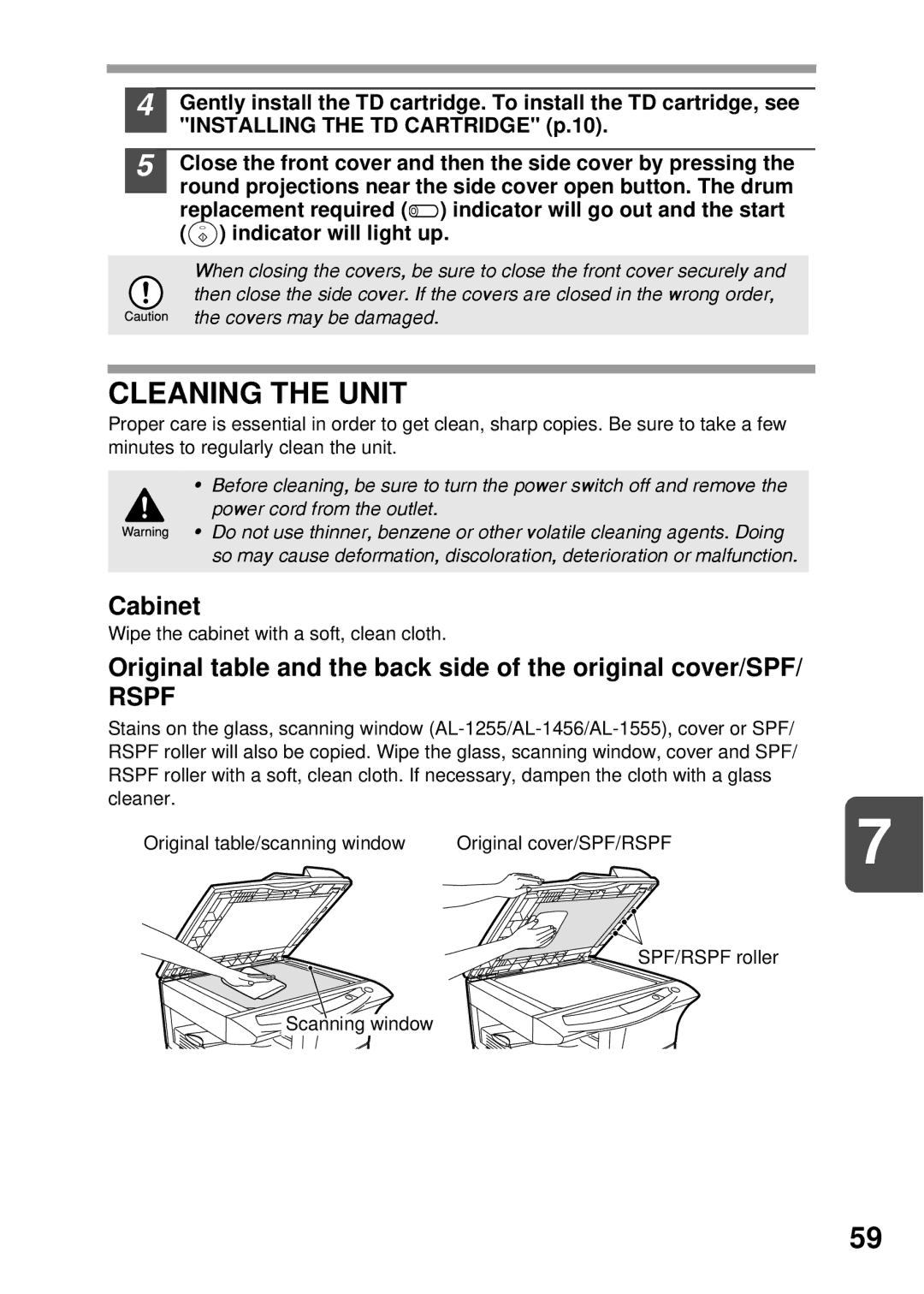 Sharp AL-1456, AL-1555, AL-1045 Cleaning the Unit, Cabinet, Original table and the back side of the original cover/SPF 