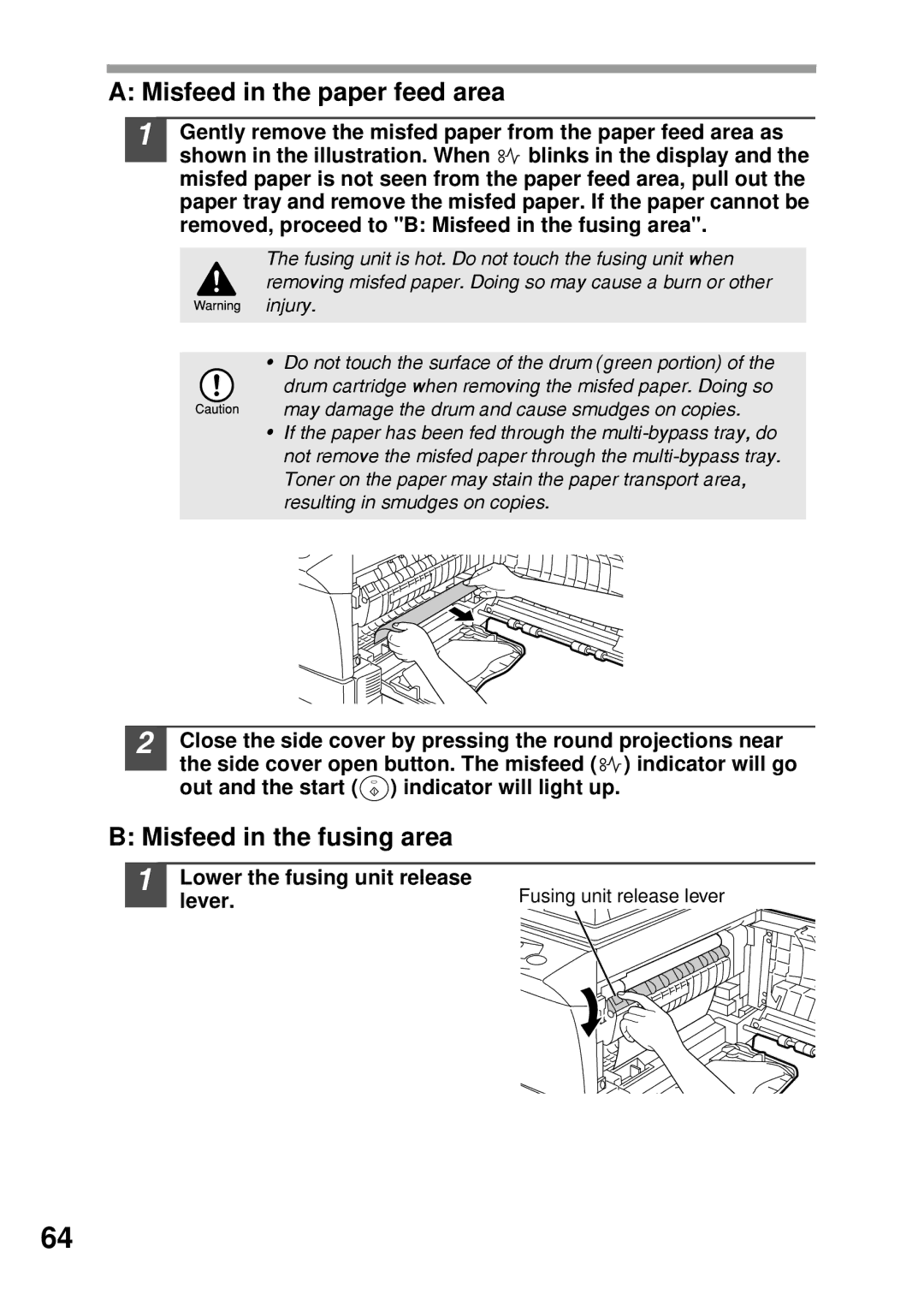 Sharp AL-1045, AL-1555 Misfeed in the paper feed area, Misfeed in the fusing area, Lower the fusing unit release, Lever 