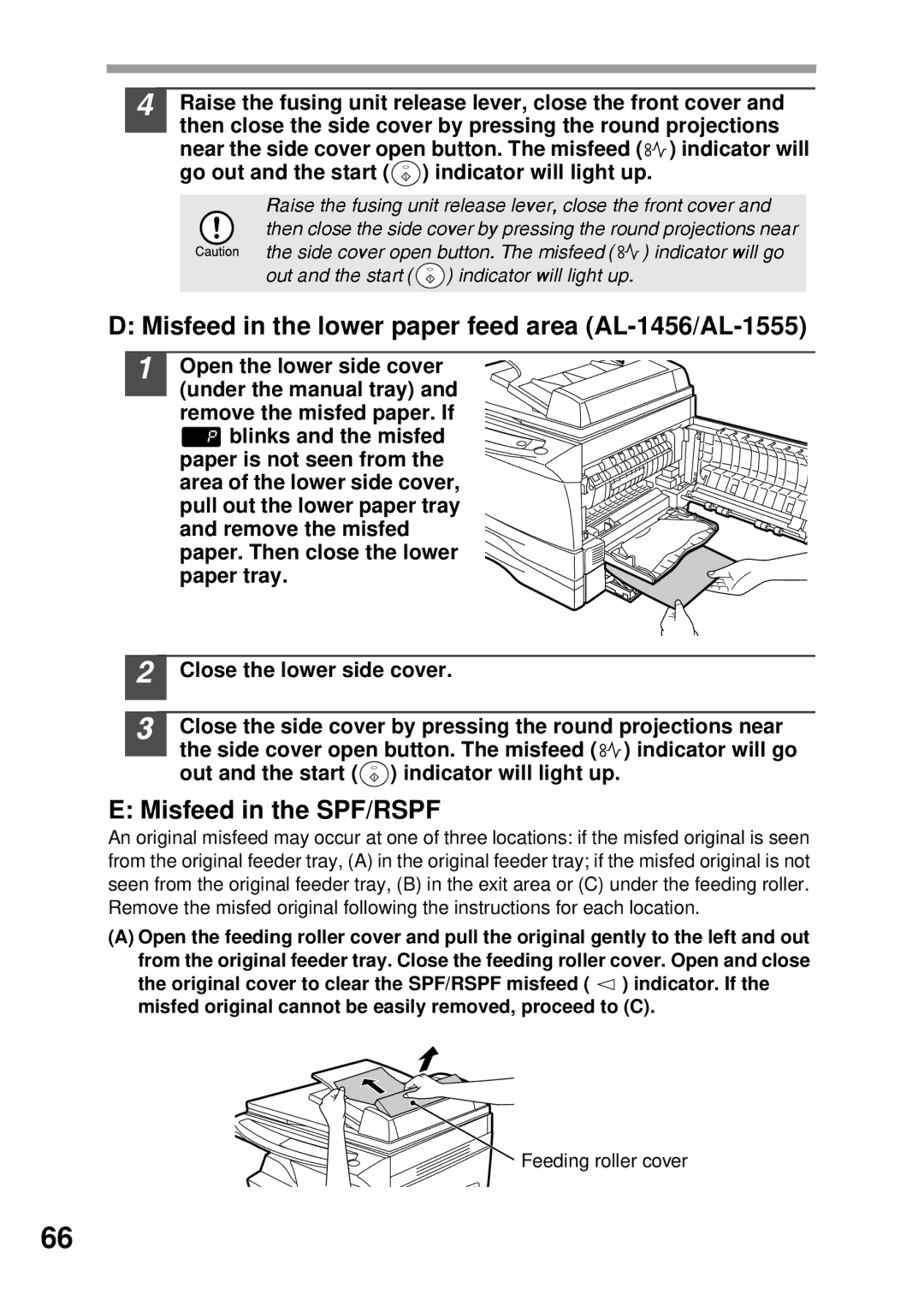 Sharp AL-1045, AL-1255 operation manual Misfeed in the lower paper feed area AL-1456/AL-1555, Misfeed in the SPF/RSPF 