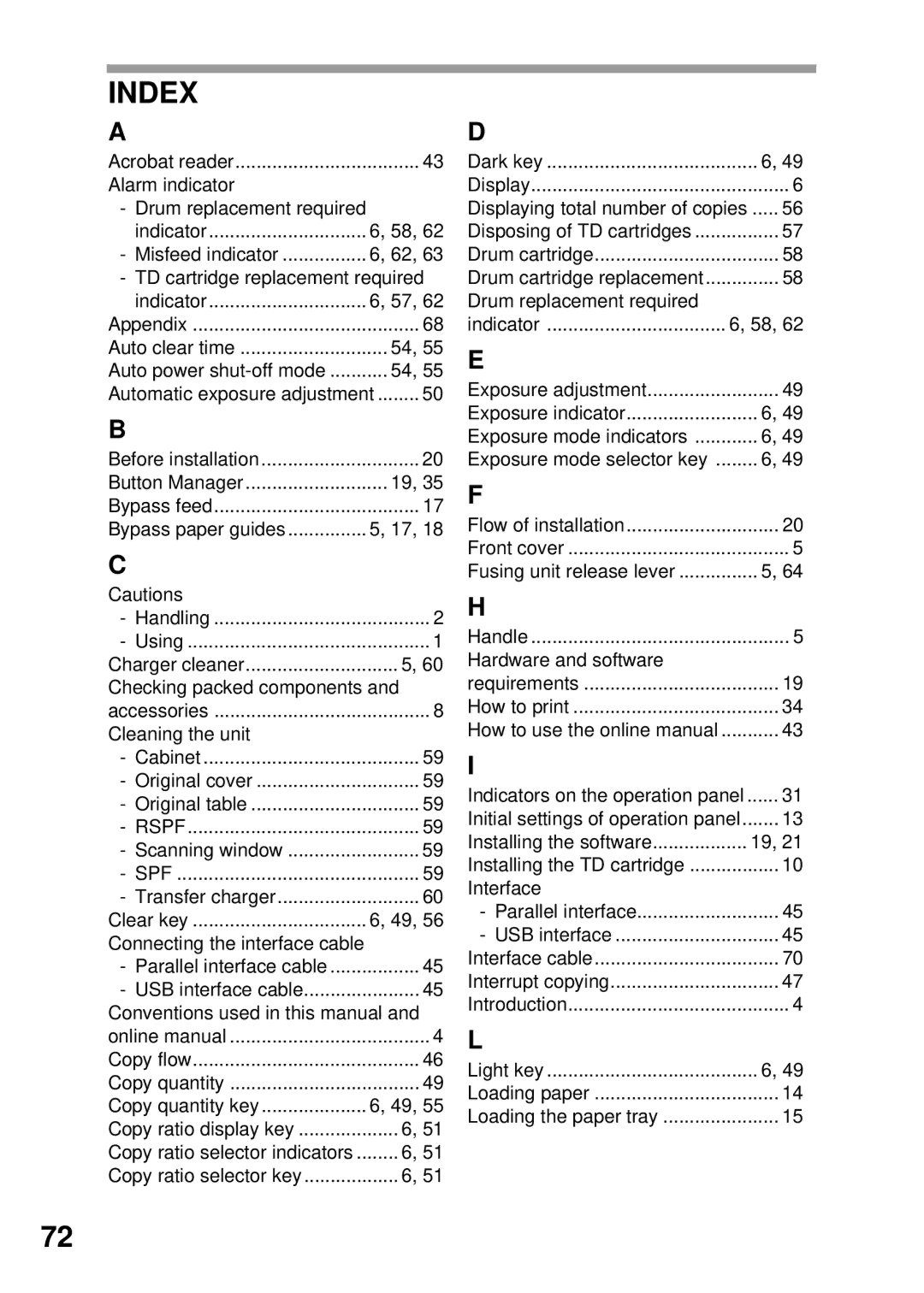 Sharp AL-1045, AL-1555, AL-1456, AL-1255 operation manual Index, Dark key 