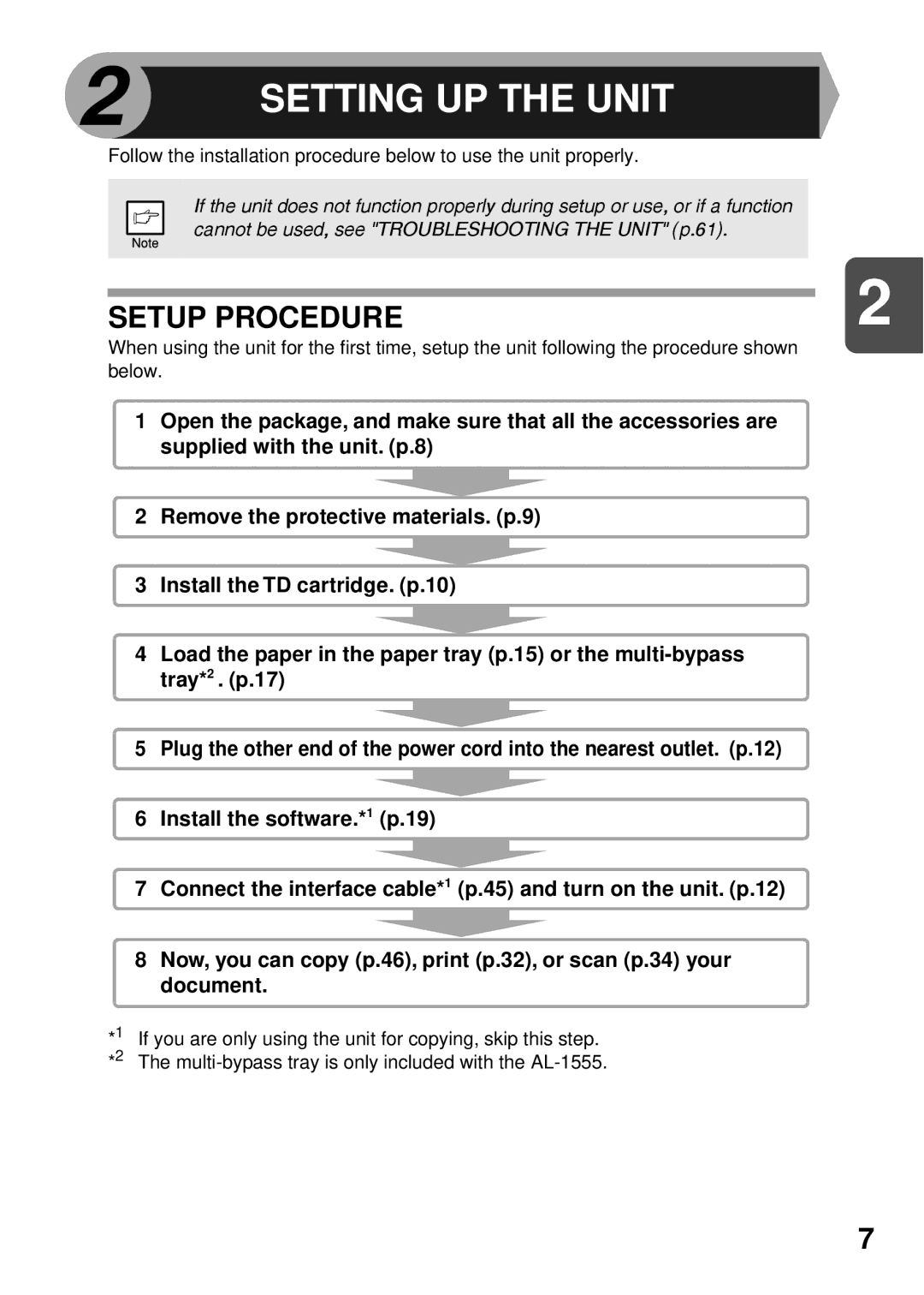 Sharp AL-1456, AL-1555, AL-1045, AL-1255 operation manual Setting UP the Unit, Setup Procedure 