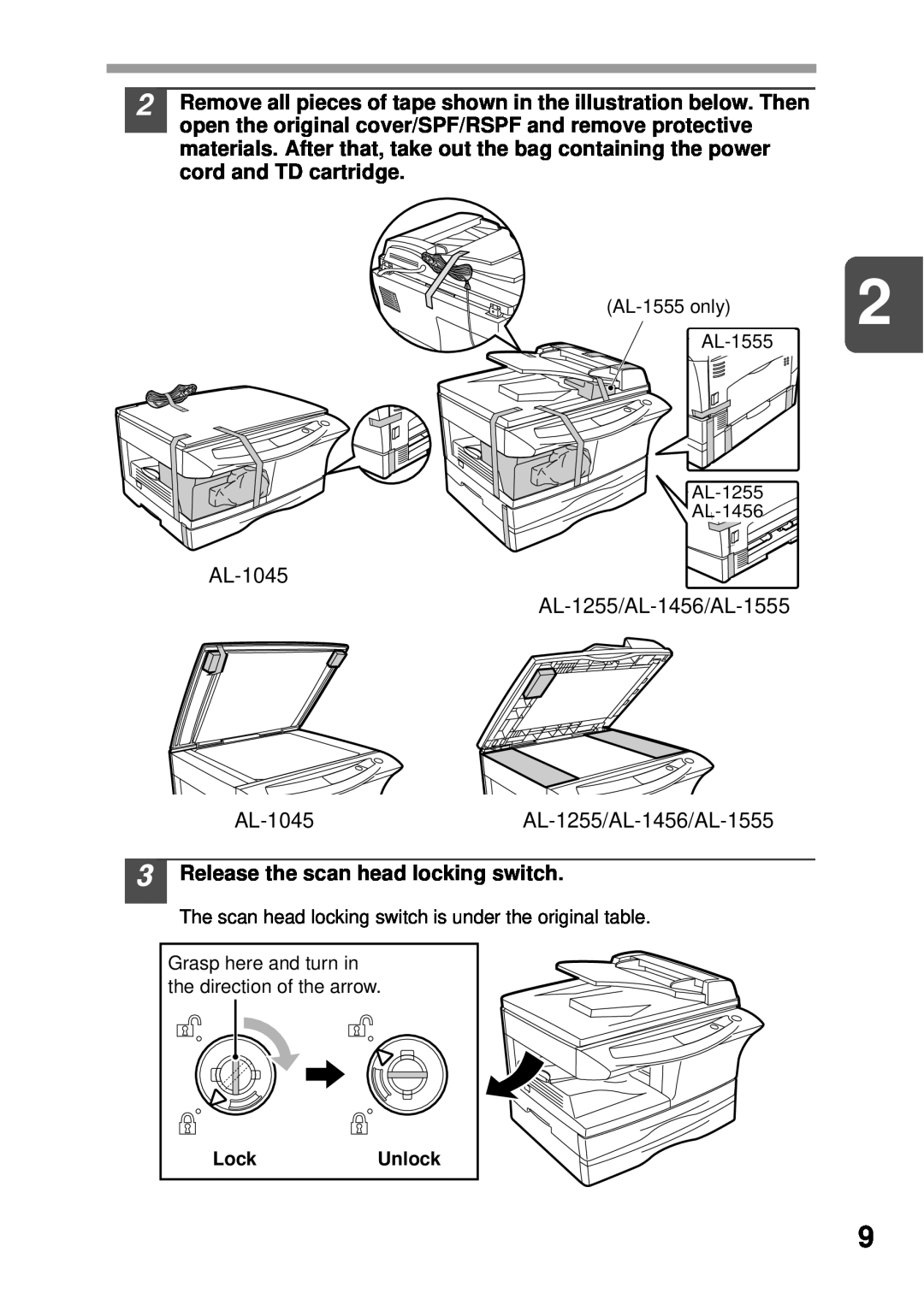 Sharp AL-1255, AL-1555, AL-1456, AL-1045 operation manual Release the scan head locking switch 