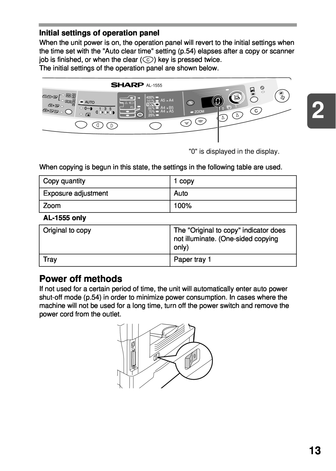 Sharp AL-1255, AL-1555, AL-1456, AL-1045 operation manual Power off methods, Initial settings of operation panel 