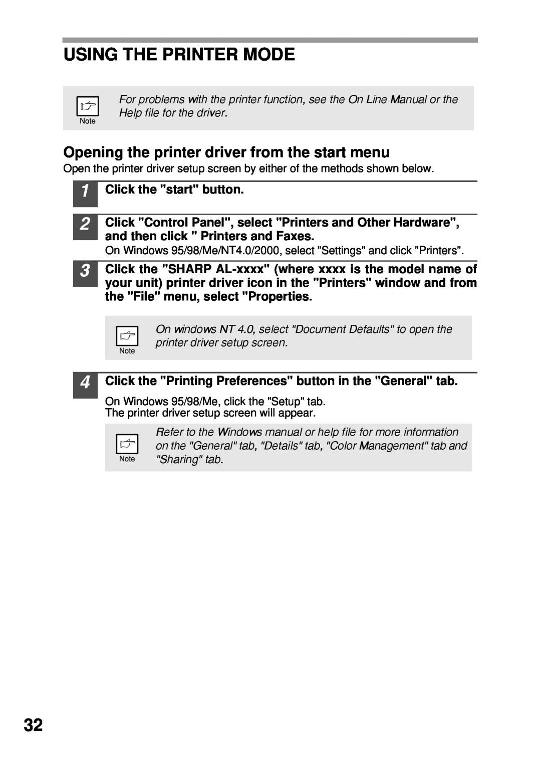 Sharp AL-1045, AL-1555, AL-1456, AL-1255 Using The Printer Mode, Opening the printer driver from the start menu 