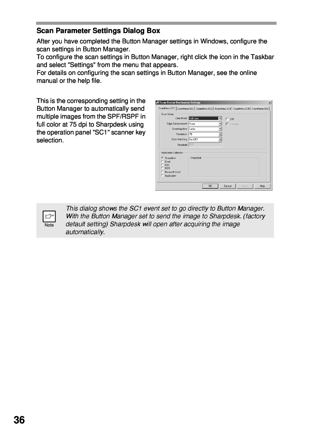 Sharp AL-1045, AL-1555, AL-1456, AL-1255 operation manual Scan Parameter Settings Dialog Box 