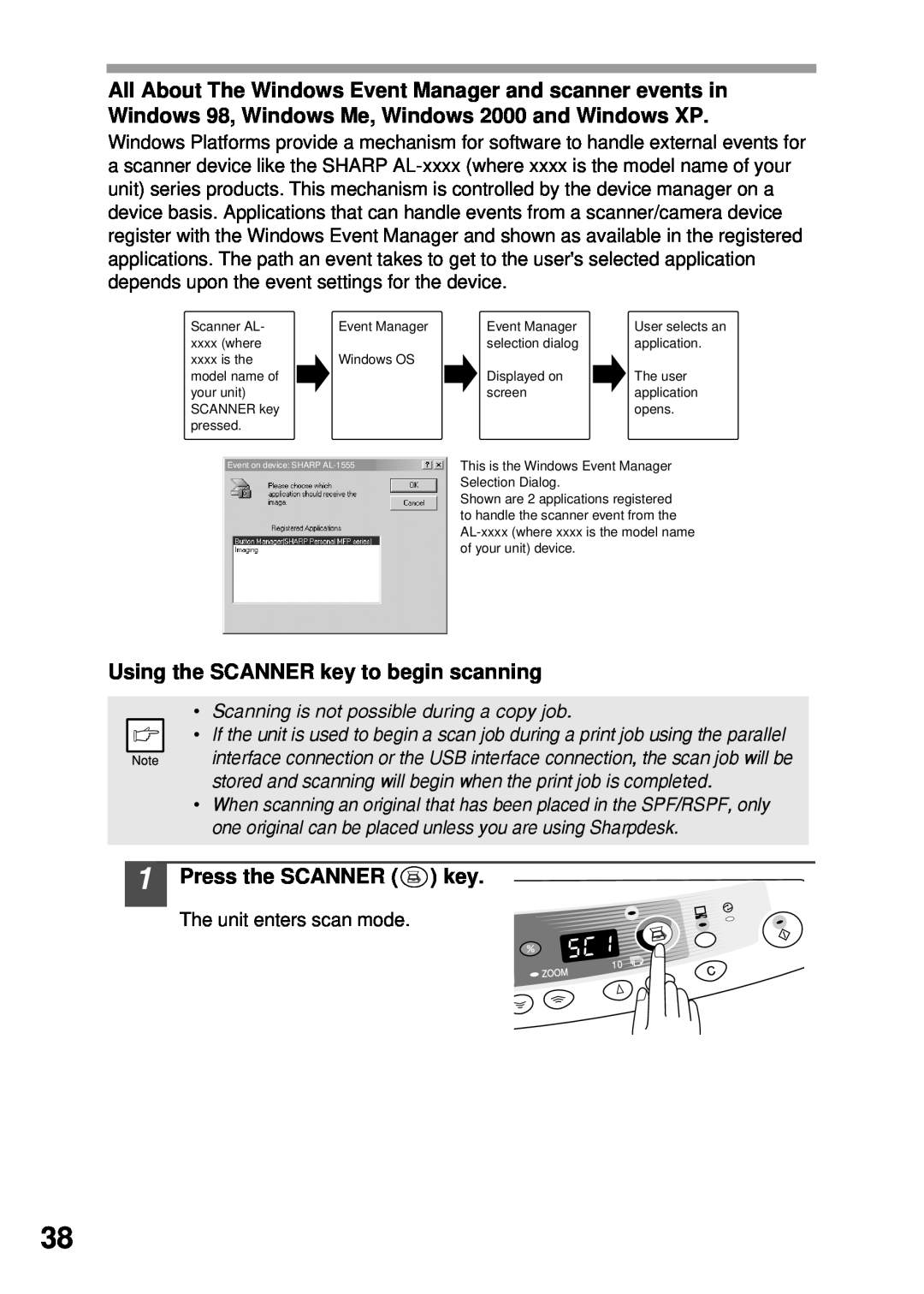 Sharp AL-1555, AL-1456, AL-1045, AL-1255 operation manual Using the SCANNER key to begin scanning, Press the SCANNER key 