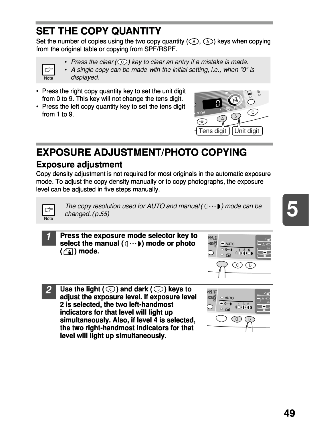 Sharp AL-1255, AL-1555, AL-1456, AL-1045 Set The Copy Quantity, Exposure Adjustment/Photo Copying, Exposure adjustment 