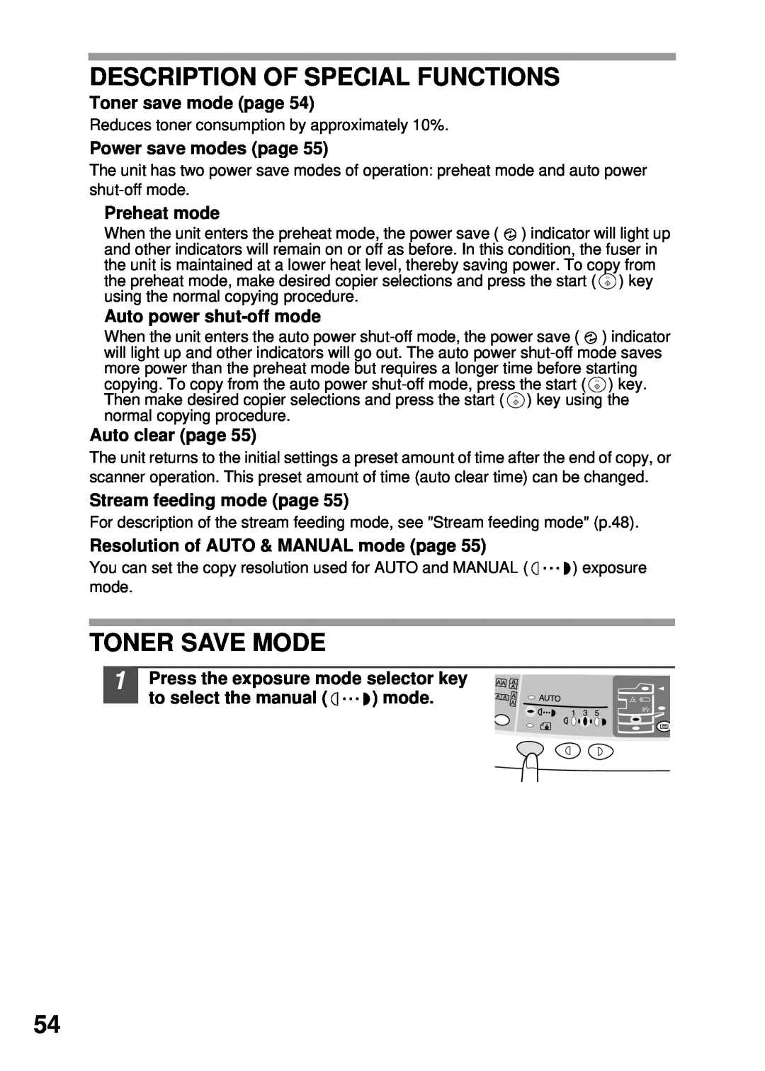 Sharp AL-1555 Description Of Special Functions, Toner Save Mode, Toner save mode page, Power save modes page, Preheat mode 