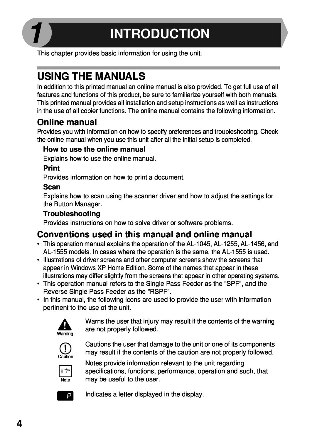 Sharp AL-1045, AL-1555 Introduction, Using The Manuals, Online manual, Conventions used in this manual and online manual 