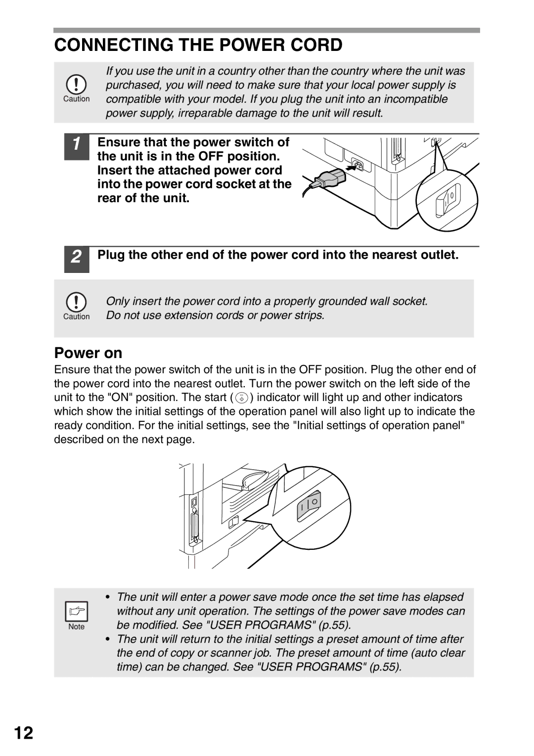 Sharp AL-1552, AL-1555, AL-1553 operation manual Connecting the Power Cord, Power on 