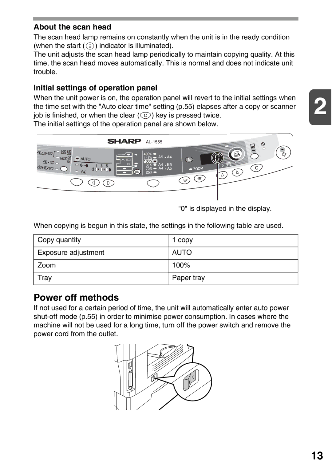 Sharp AL-1555, AL-1553, AL-1552 operation manual Power off methods, About the scan head, Initial settings of operation panel 