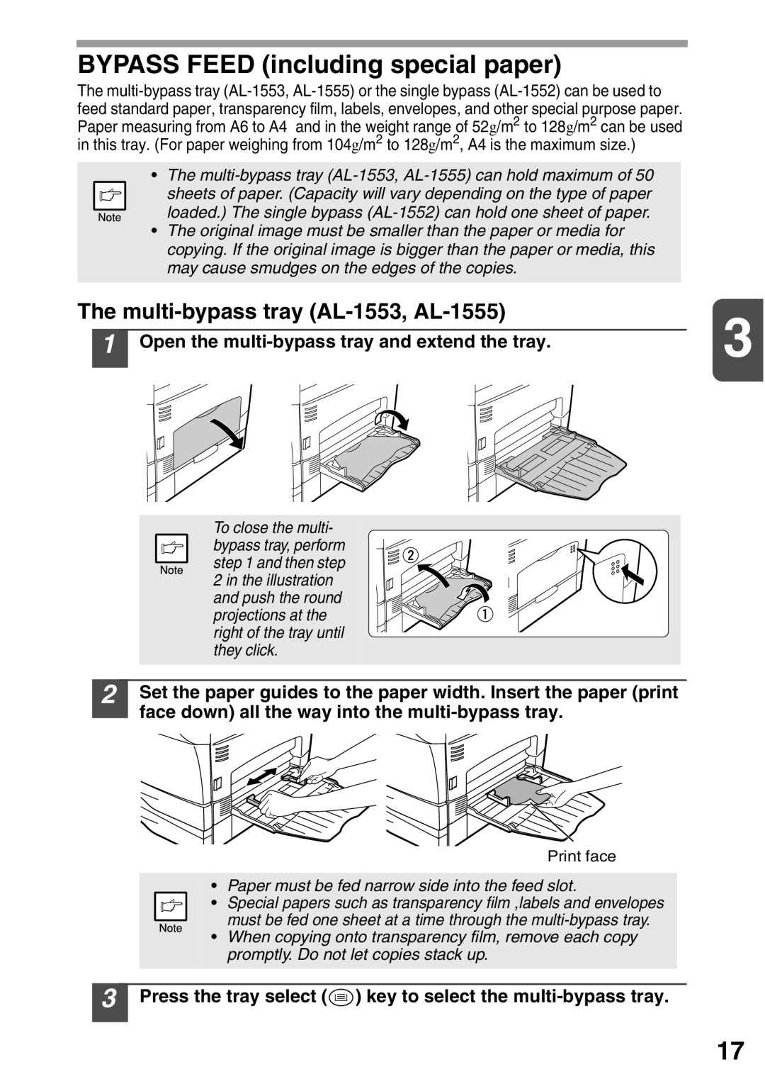 Sharp AL-1552 operation manual Multi-bypass tray AL-1553, AL-1555, Open the multi-bypass tray and extend the tray 