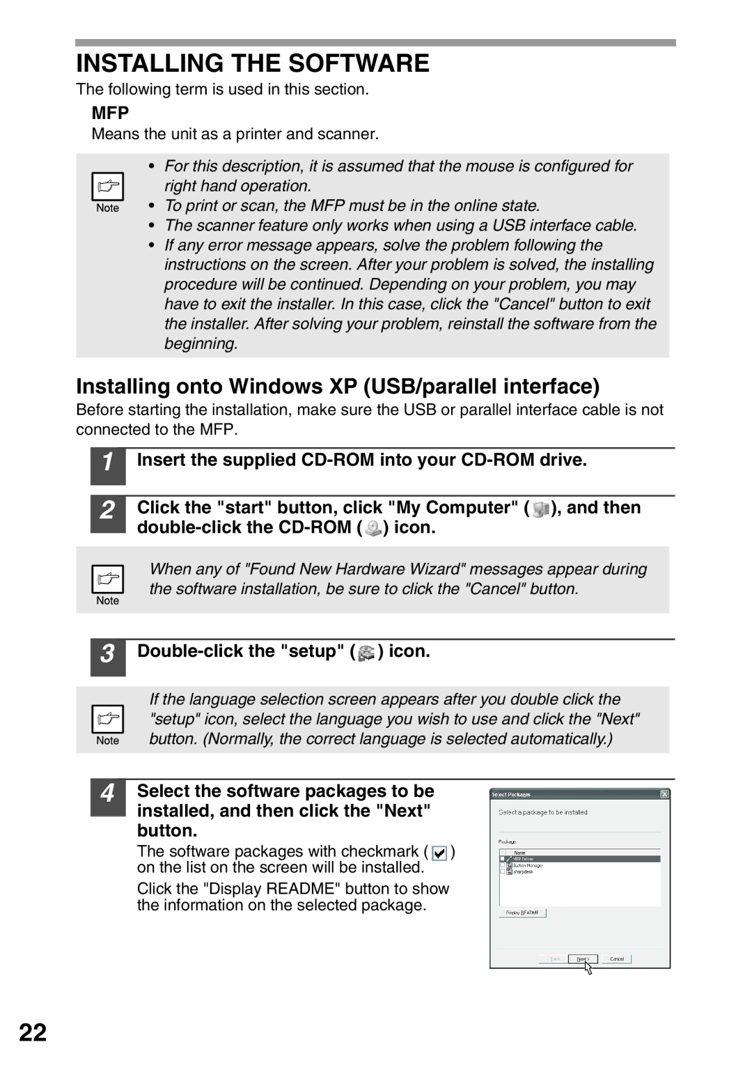 Sharp AL-1555 Installing the Software, Installing onto Windows XP USB/parallel interface, Double-click the setup icon 