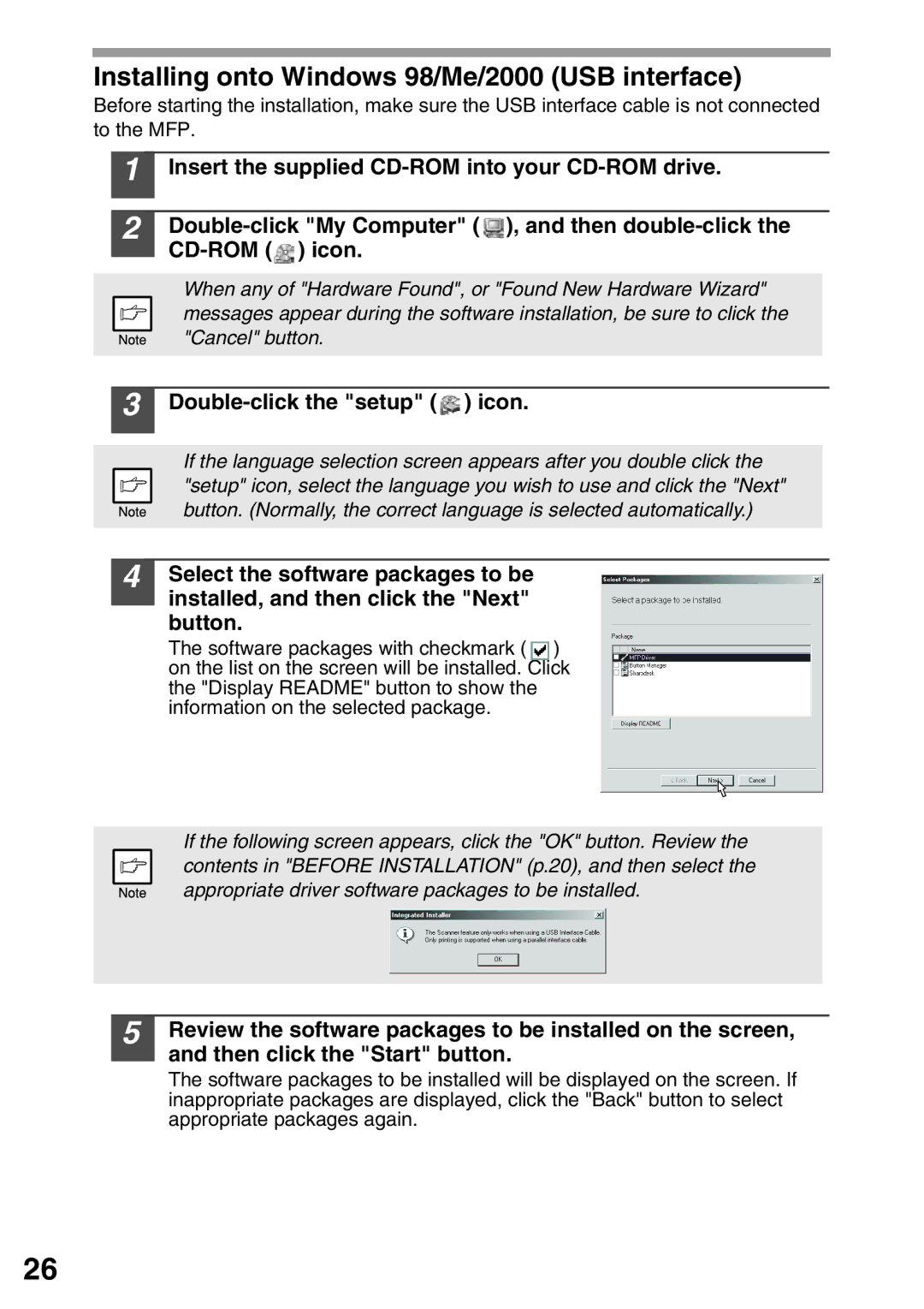 Sharp AL-1553, AL-1555, AL-1552 Installing onto Windows 98/Me/2000 USB interface, Double-click the setup icon 