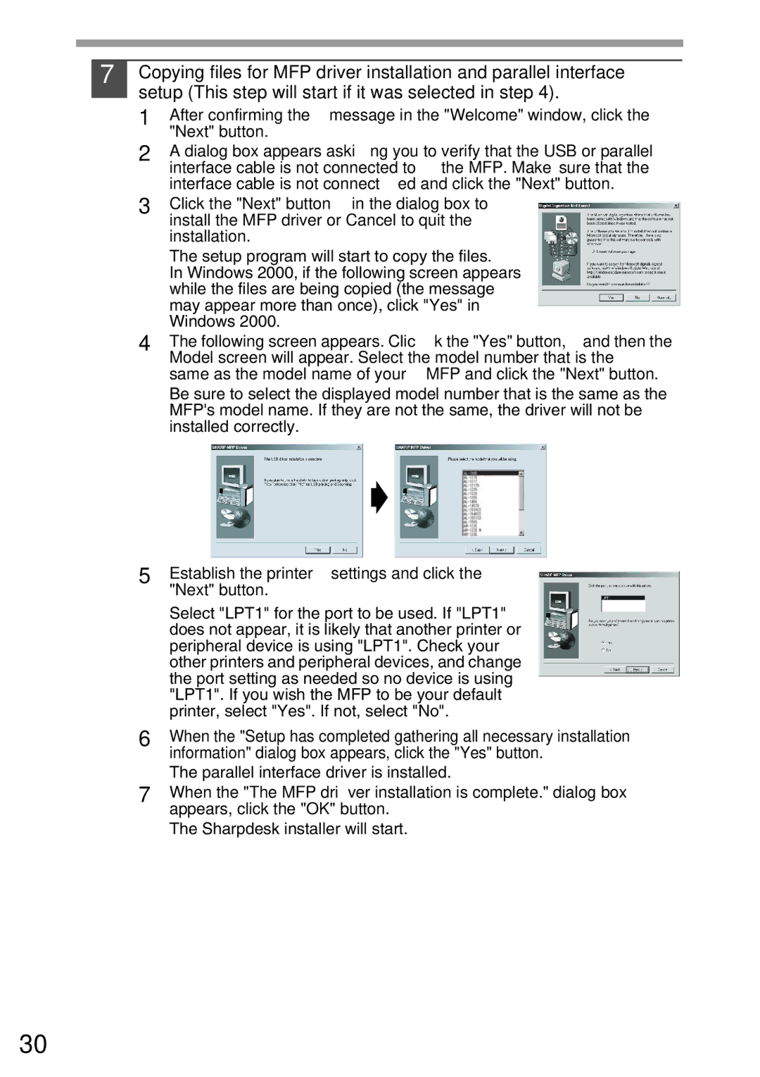 Sharp AL-1552, AL-1555, AL-1553 operation manual Establish the printer settings and click the Next button 