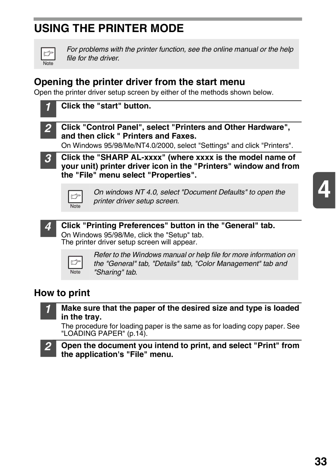 Sharp AL-1552 Using the Printer Mode, Opening the printer driver from the start menu, How to print, Loading Paper p.14 