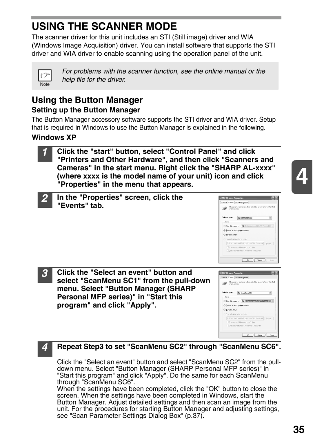 Sharp AL-1553, AL-1555, AL-1552 Using the Scanner Mode, Using the Button Manager, Setting up the Button Manager 