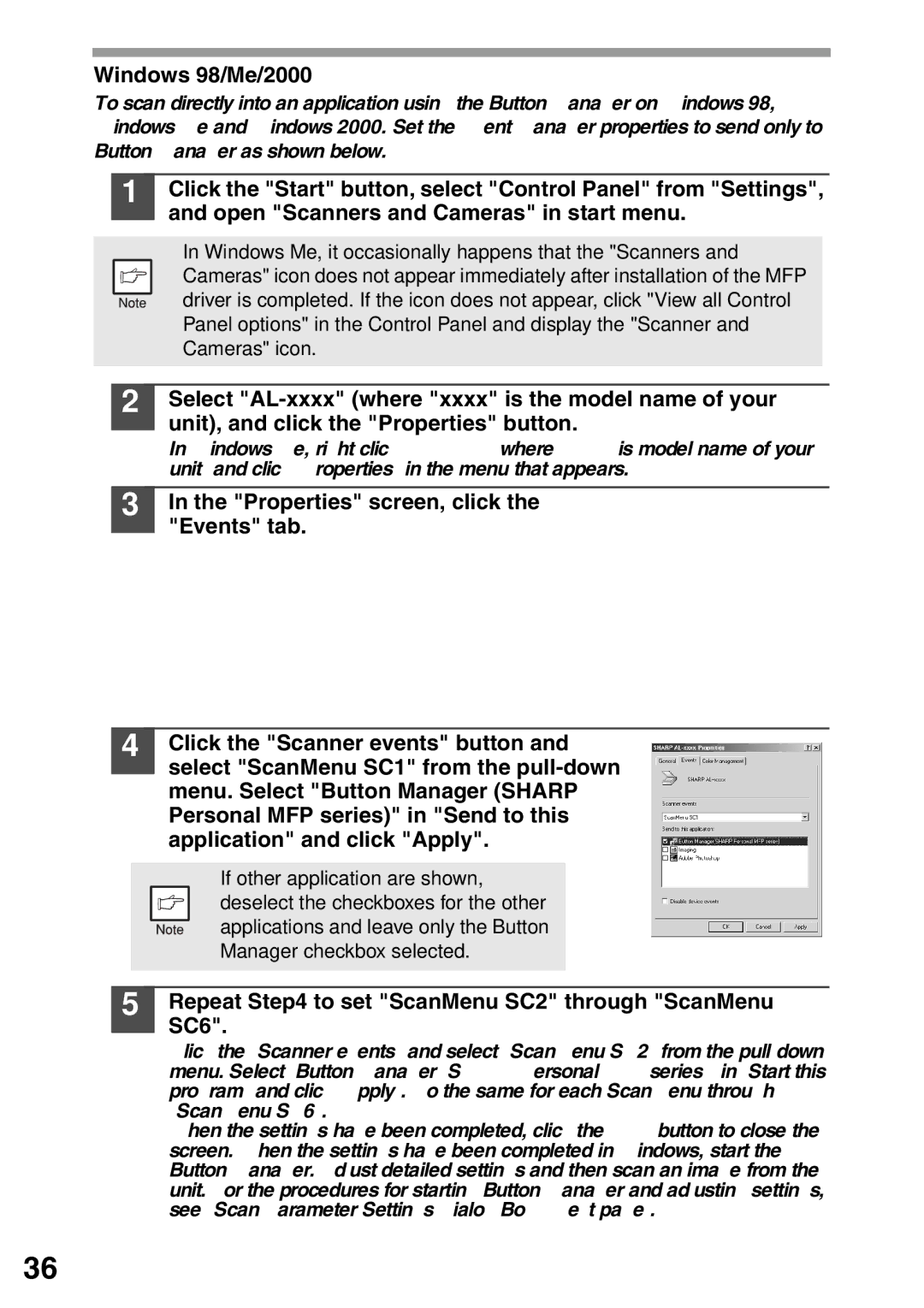 Sharp AL-1552, AL-1555, AL-1553 operation manual Windows 98/Me/2000 