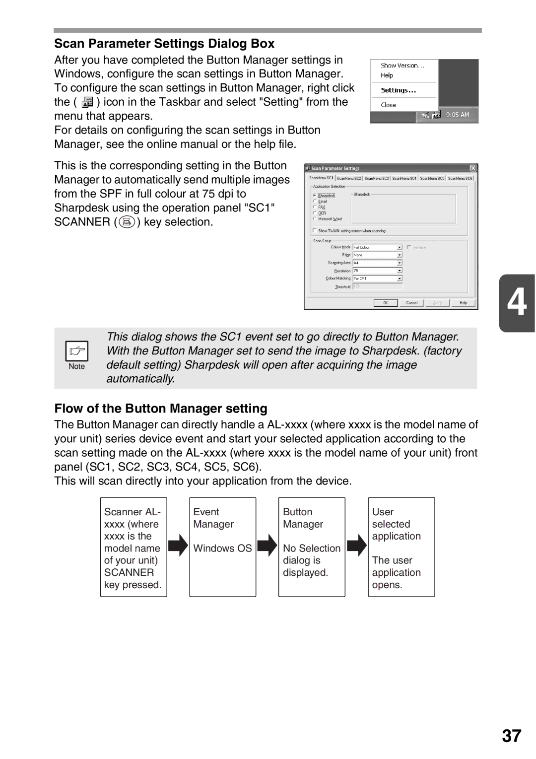 Sharp AL-1555, AL-1553, AL-1552 operation manual Scan Parameter Settings Dialog Box, Flow of the Button Manager setting 