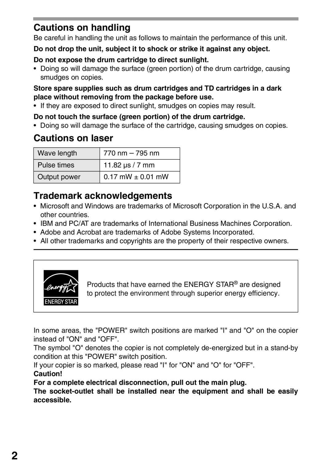 Sharp AL-1553, AL-1555, AL-1552 Trademark acknowledgements, Do not touch the surface green portion of the drum cartridge 